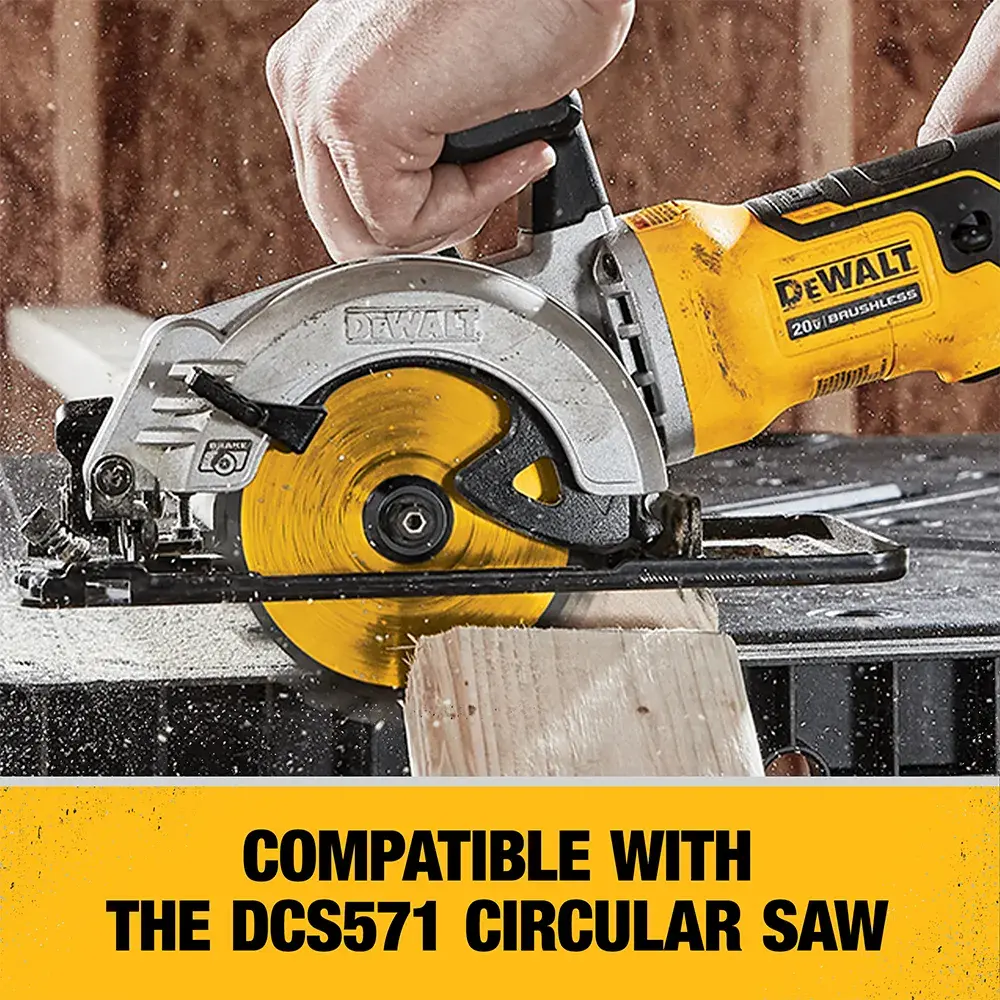 A DEWALT circular saw, model DCS571, is being used to cut a piece of wood. The saw blade and tool are shown in action, with hands operating the device. The yellow label below the image reads: 'Compatible with the DCS571 Circular Saw.'