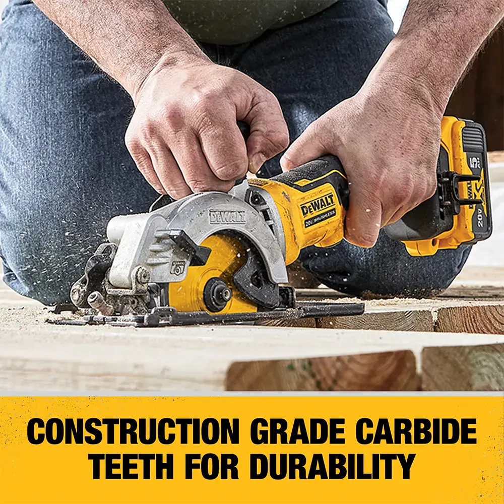 A person using a DEWALT power saw to cut wood. The saw features construction grade carbide teeth for durability, as indicated by the text on the image.