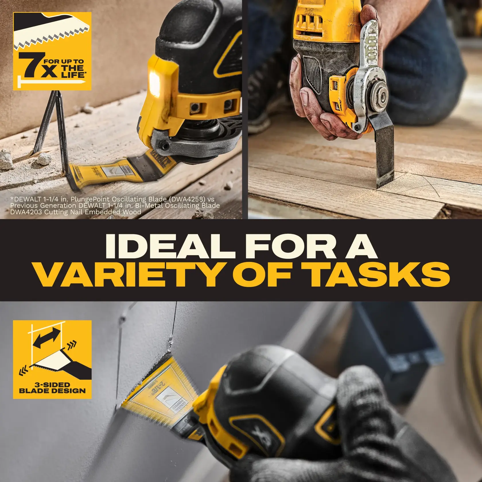 DEWALT oscillating tool blades shown cutting wood and drywall. Highlighted features: durability, 3-sided blade design.