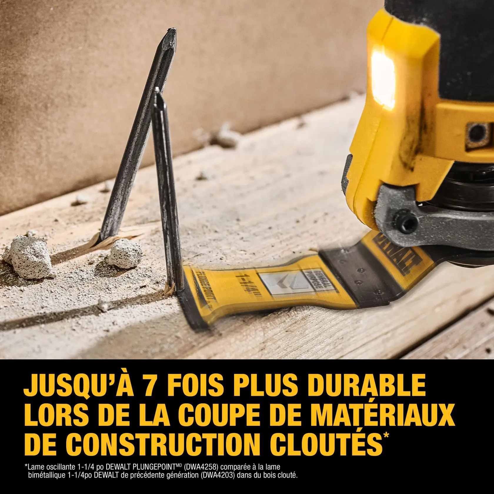 A DEWALT oscillating tool with a PlungePoint blade cutting through nails embedded in wood, with construction debris around. Text on the image highlights: 'Up to 7x the life when cutting nails.'