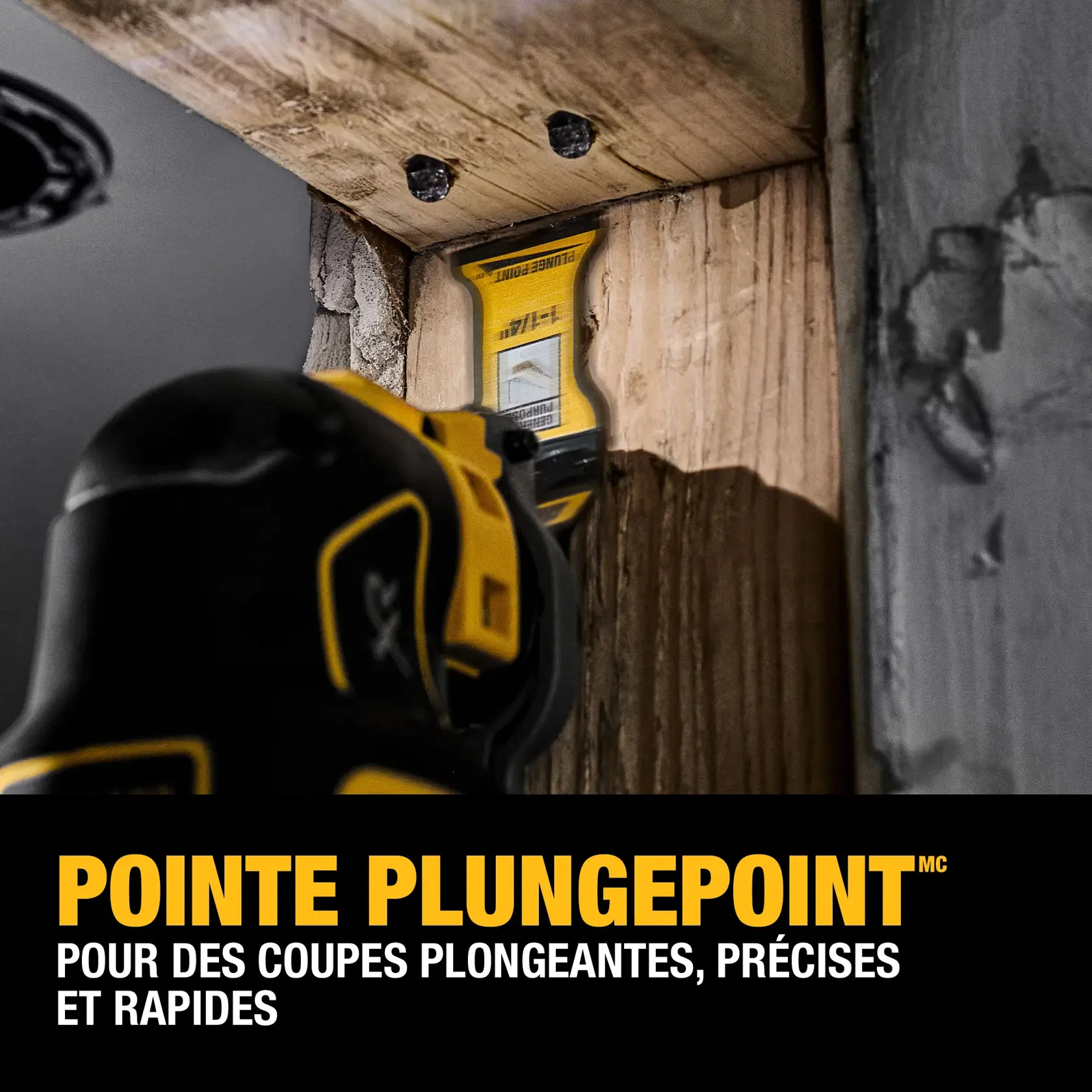 A DEWALT power tool with a DWA4258B blade attachment is being used to make a plunge cut into a wooden beam. The image highlights the PlungePoint™ tip for quick and precise plunge cuts, with the tool actively cutting into the wood.