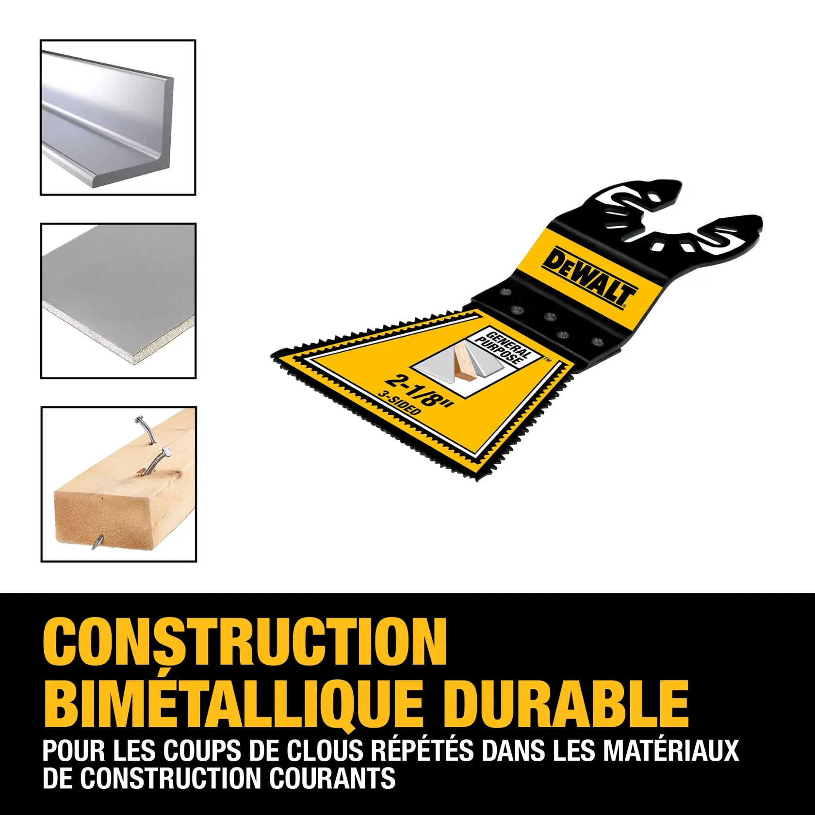DEWALT bi-metal construction oscillating saw blade, model DWA4283B, shown with examples of materials it can cut: metal angle, drywall, and wood with nails. Text highlights its durability for repeated nail strikes in common construction materials.