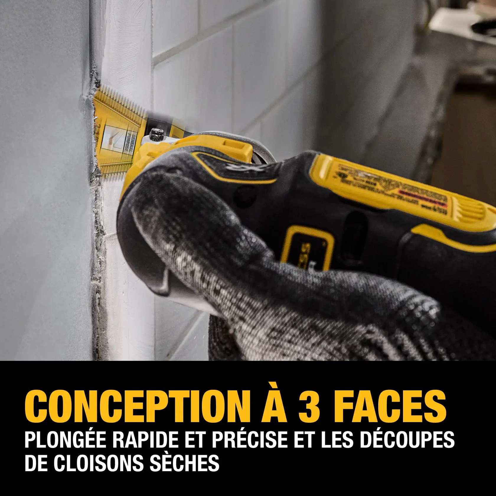 DEWALT tool cuts drywall with 3-sided blade design for fast, accurate plunge and rip cuts.
