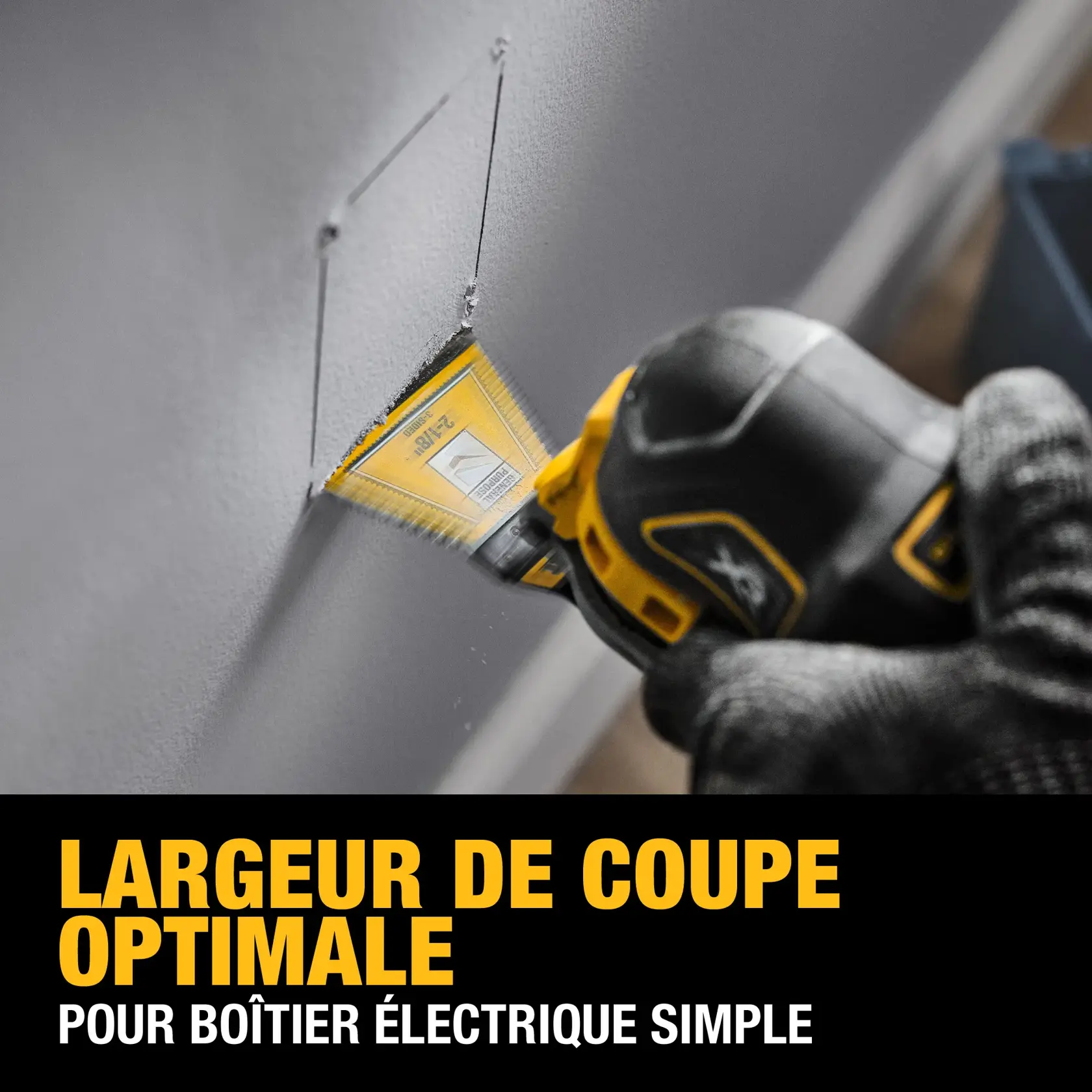 DEWALT tool cuts drywall for electrical box with ideal width, hand in glove holds tool.