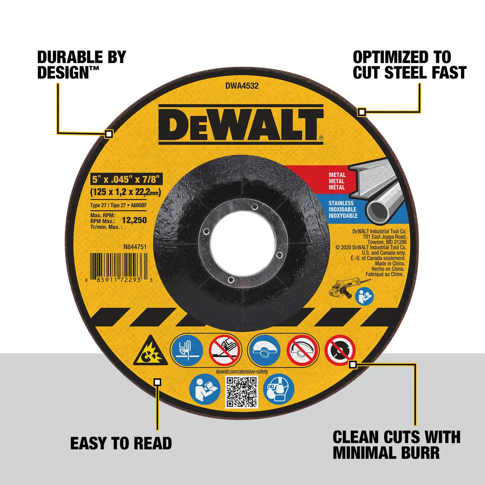 DEWALT 5-inch x 0.045-inch x 7/8-inch cutting wheel for metal and stainless steel, model DWA4532. The image highlights features such as 'Durable by Design,' 'Optimized to cut steel fast,' 'Easy to read,' and 'Clean cuts with minimal burr.' The cutting disc is round with a black and yellow label, safety icons, and detailed product specifications.