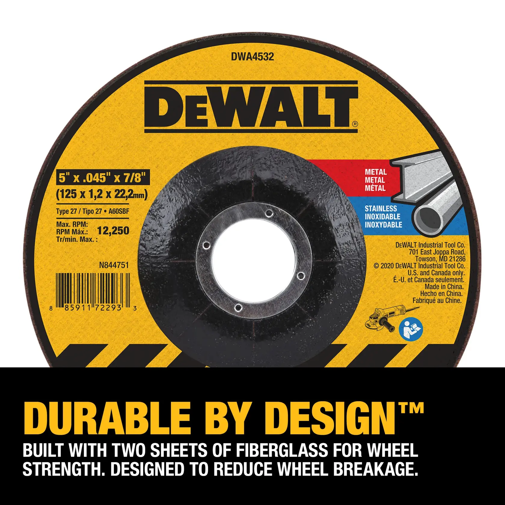 A DEWALT DWA4532 metal cutting wheel, displaying product specifications such as size (5" x .045" x 7/8"), RPM maximum (12,250), and suitable materials (metal and stainless steel). The wheel is described as durable by design, built with two sheets of fiberglass for strength and reduced wheel breakage.