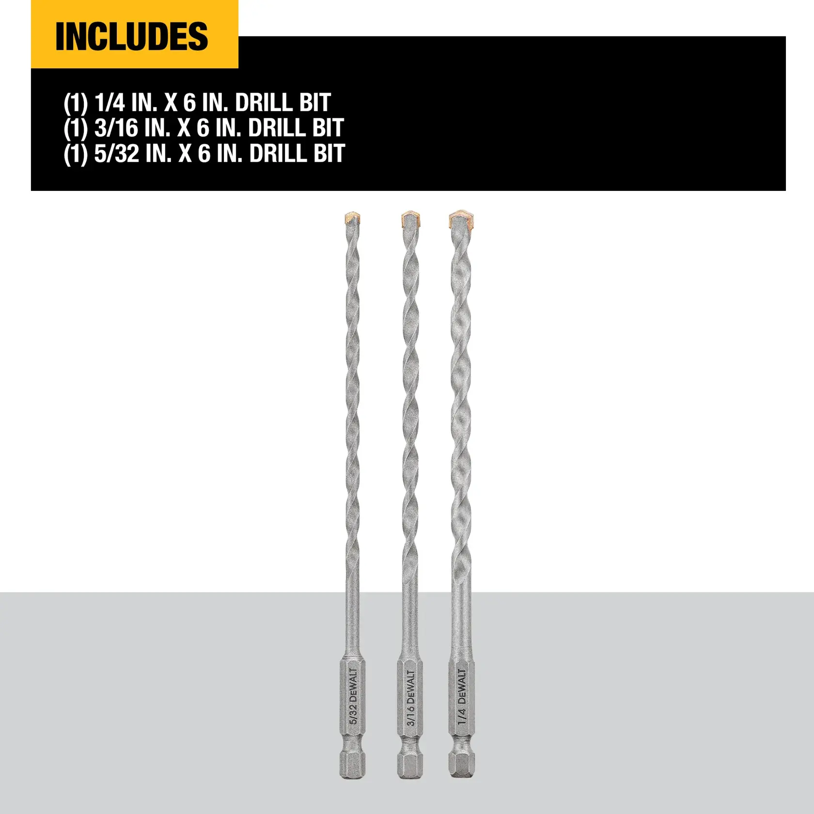 Image showing three DEWALT drill bits with hex shanks, each 6 inches long, in sizes 1/4 inch, 3/16 inch, and 5/32 inch. Text above lists included sizes and lengths.