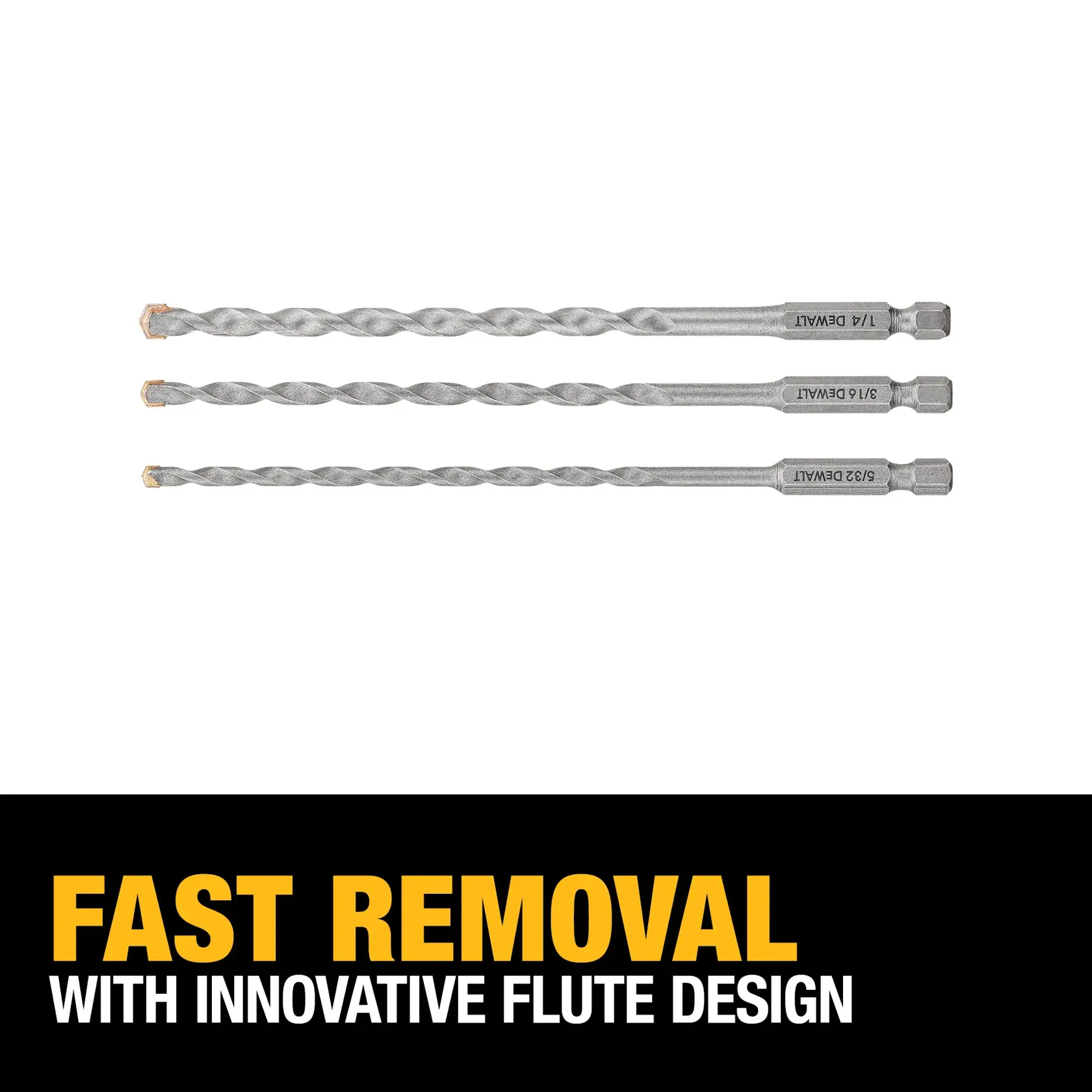 Three DEWALT drill bits with hex shank are displayed horizontally, labeled with their sizes. The image features text that reads: 'FAST REMOVAL with innovative flute design.'