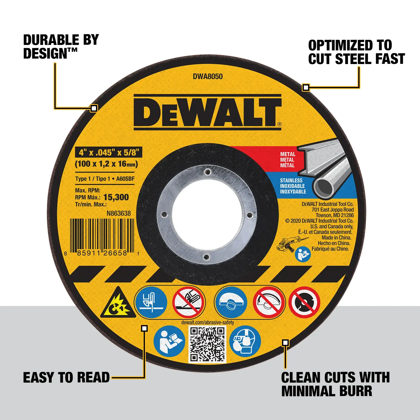 A DEWALT branded cutting wheel labeled DWA8050, designed for metal and stainless steel, measuring 4 inches x 0.045 inches x 5/8 inches (100 x 1.2 x 16 mm). Features highlighted include durability by design, optimized for fast steel cutting, easy-to-read labeling, and ability to produce clean cuts with minimal burr. The wheel displays safety icons and a QR code for additional information.