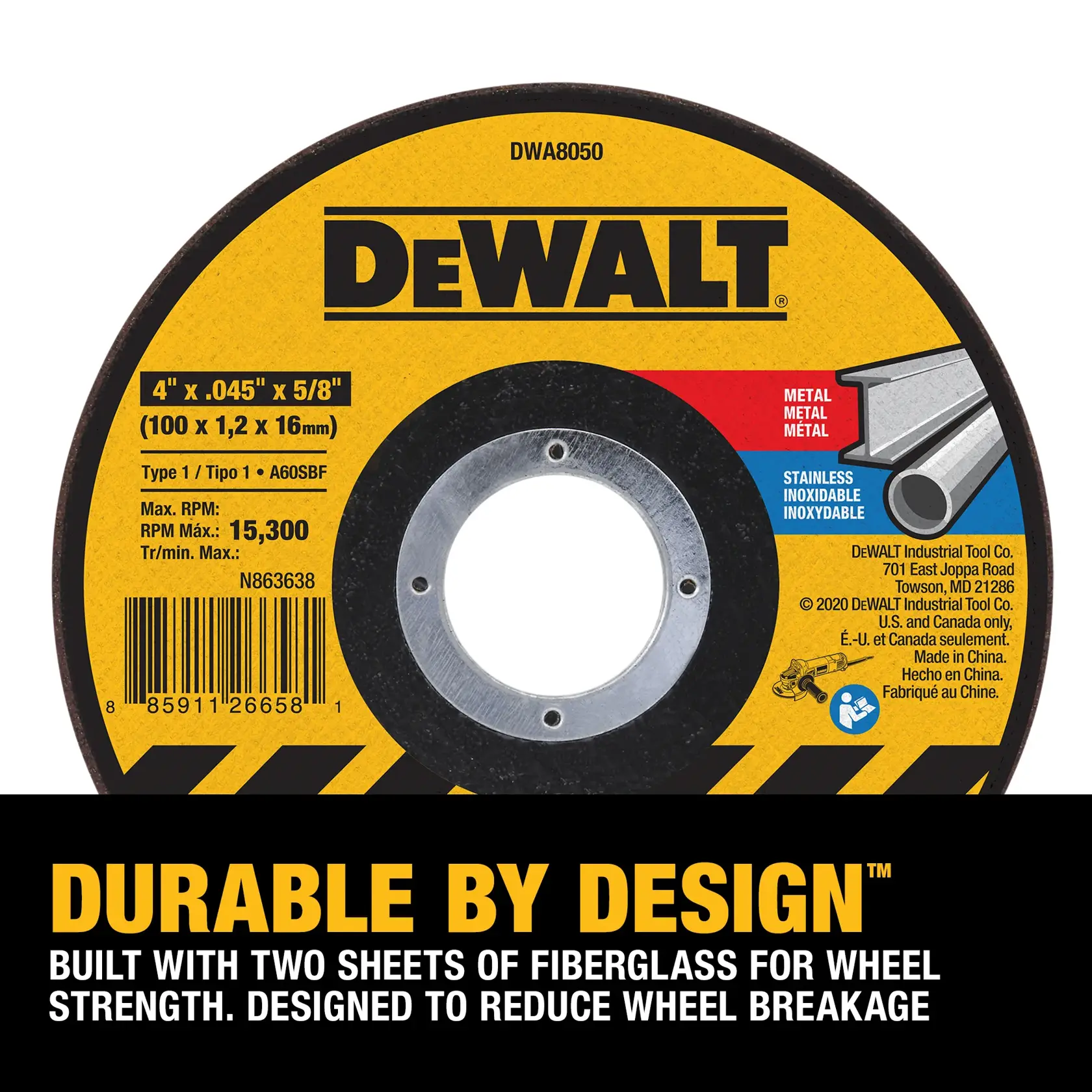 DEWALT DWA8050 cutting wheel for metal and stainless steel, measuring 4 inches x 0.045 inches x 5/8 inch, featuring a yellow and black label with product specifications. Text below states the wheel is built with two sheets of fiberglass for strength and designed to reduce wheel breakage.