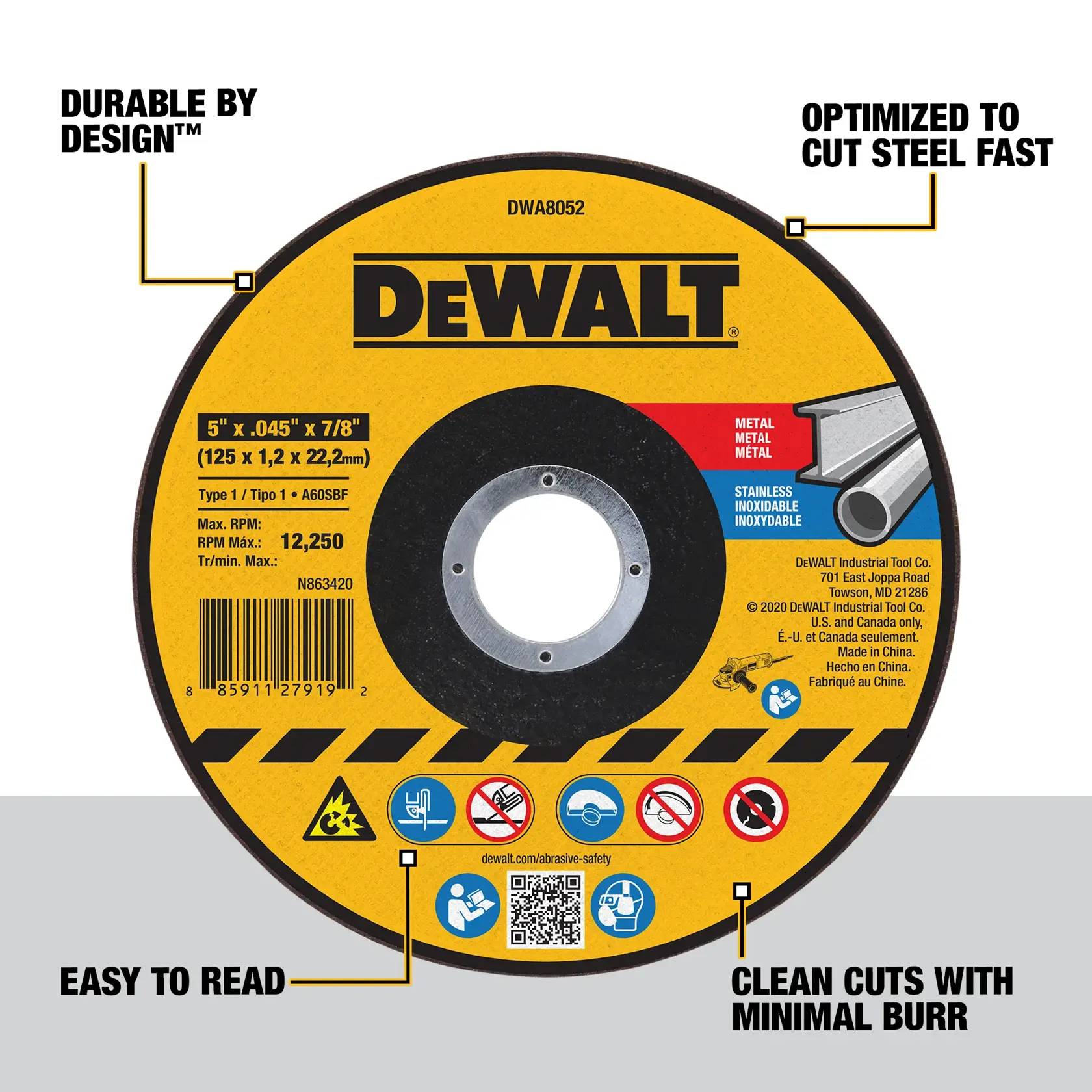 A DEWALT DWA8052 metal and stainless steel cutting wheel, 5 inches x 0.045 inches x 7/8 inch, designed for durability, fast steel cutting, easy-to-read labeling, and clean cuts with minimal burr. The wheel features a yellow label with product specifications, safety icons, and a barcode.