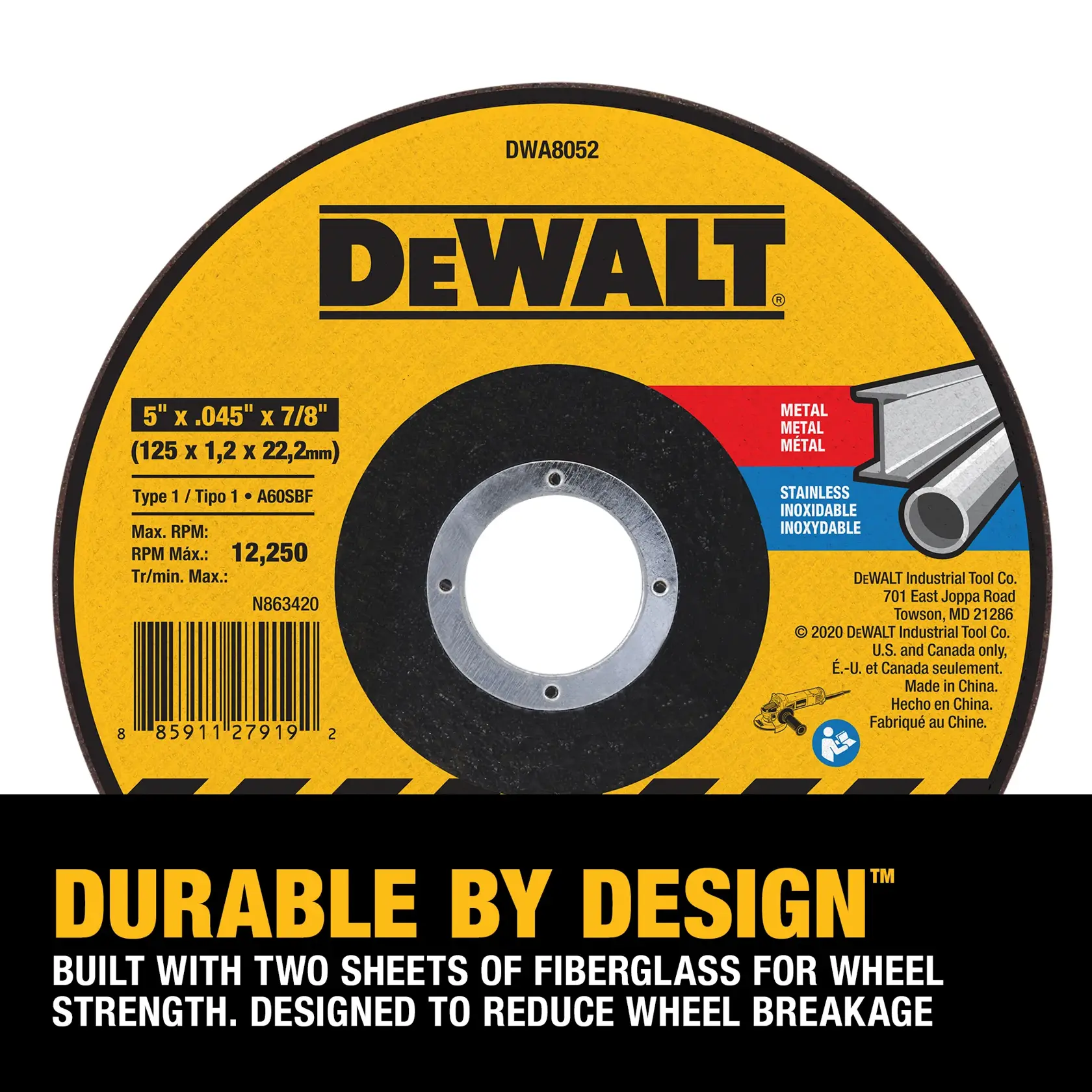 A DEWALT abrasive cutting wheel, model DWA8052, with a yellow label and specifications for size (5" x .045" x 7/8") and maximum RPM (12,250). The wheel is designed for cutting metal and stainless steel, and features two sheets of fiberglass for strength. Text at the bottom highlights its durability and resistance to wheel breakage.