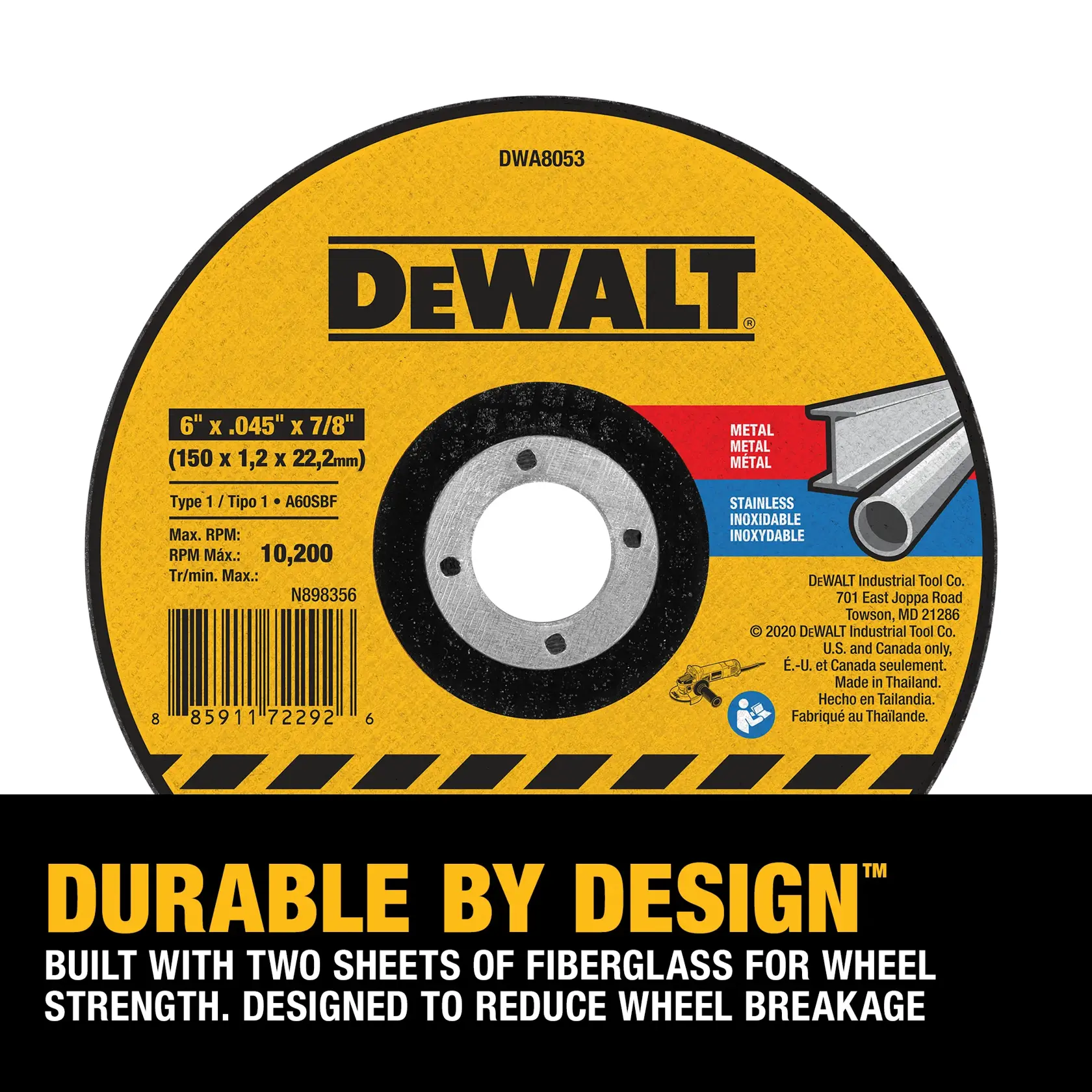 Image of a DEWALT DWA8053 grinding wheel. The wheel has a yellow label with product specifications, including 6 inch diameter, 0.045 inch thickness, and 7/8 inch arbor size. It is designed for cutting metal and stainless steel, with a maximum RPM of 10,200. The label notes that the wheel is built with two sheets of fiberglass for strength and is intended to reduce breakage.
