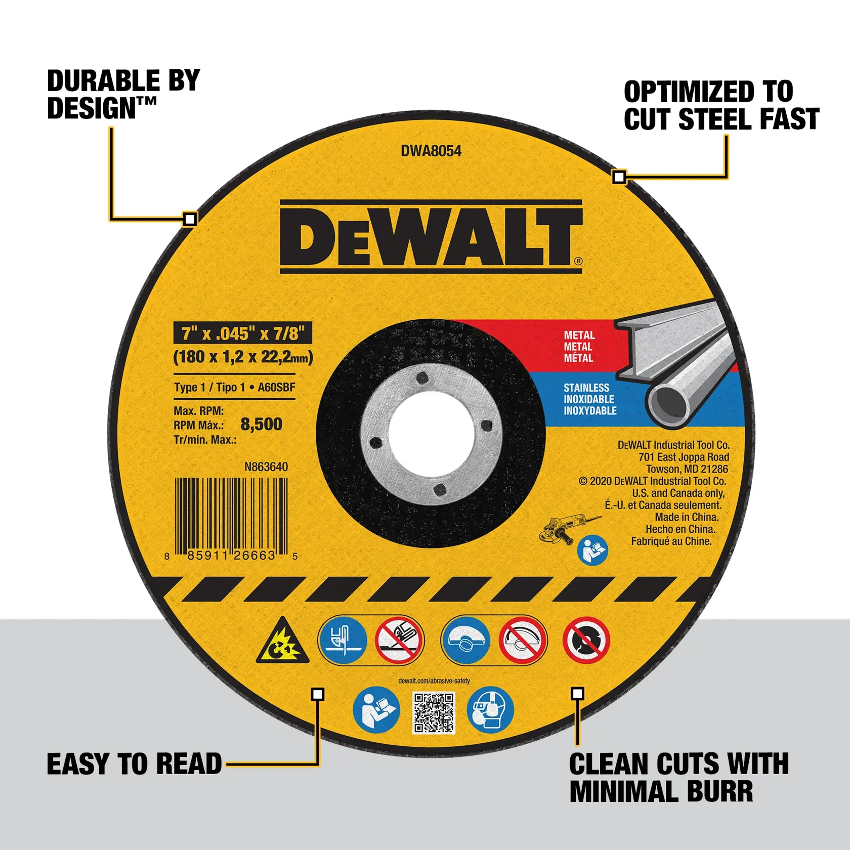 Image of a DEWALT DWA8054 metal cutting wheel, 7 x 0.045 x 7/8 inches, designed to be durable, optimized for fast steel cutting, easy to read, and produces clean cuts with minimal burr. The product includes safety icons and a barcode.