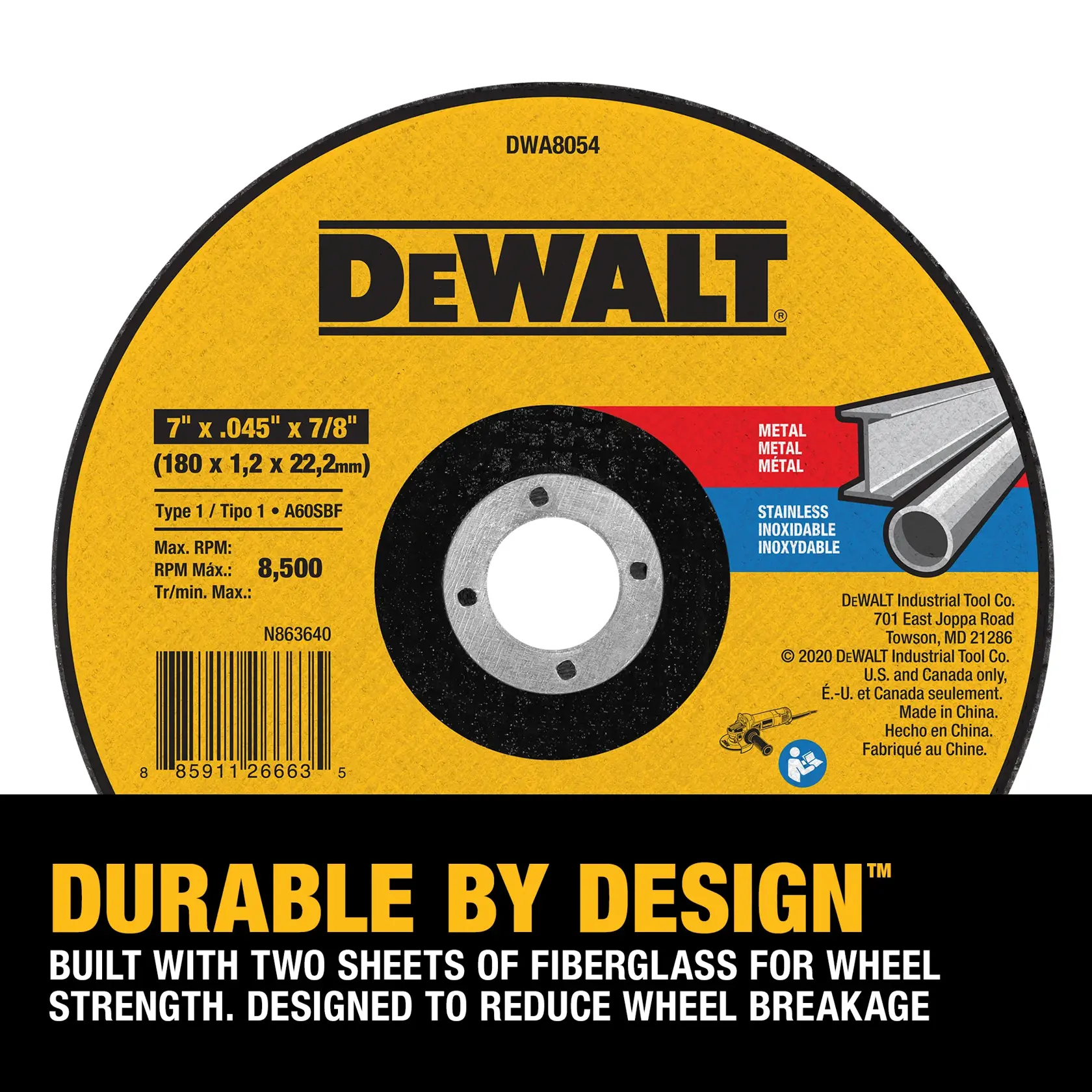 DEWALT DWA8054 cutting wheel, 7 inch by 0.045 inch by 7/8 inch, for metal and stainless steel. The wheel features durable design, built with two sheets of fiberglass for strength and reduced breakage. Max RPM 8500. Product details and branding visible.