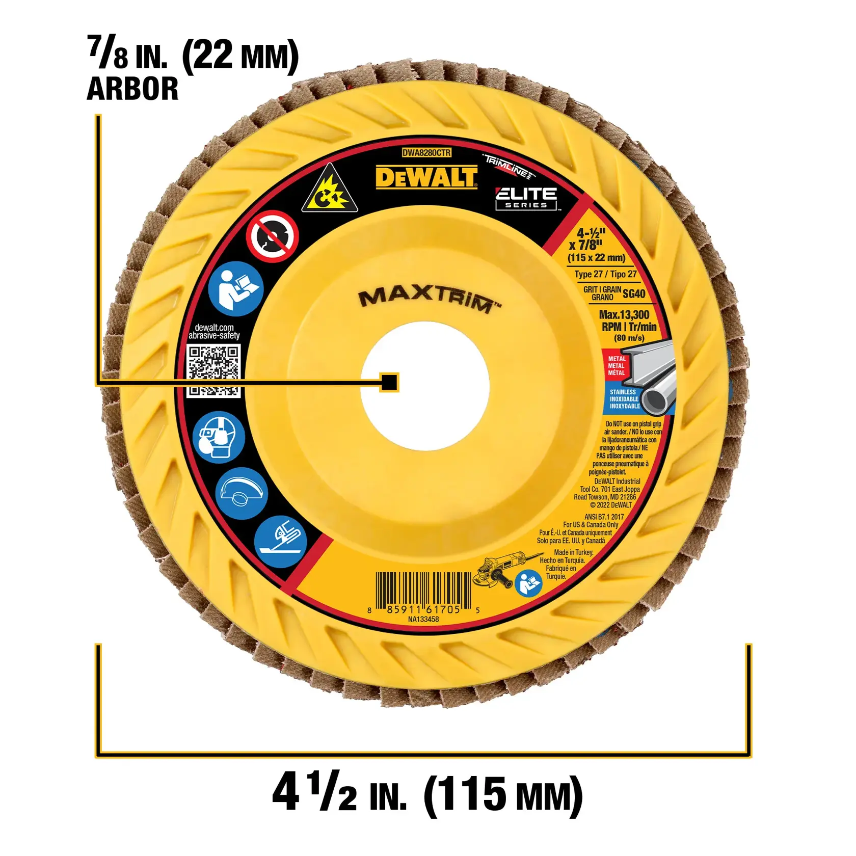 A DEWALT Elite Series MAXTRIM flap disc, model DWA8280CTR, with product specifications labeled: 4-1/2 inch (115 mm) diameter, 7/8 inch (22 mm) arbor hole, Type 27, grit S640, maximum speed 13,300 RPM. The disc has a yellow base with brown abrasive flaps and safety icons on the label.