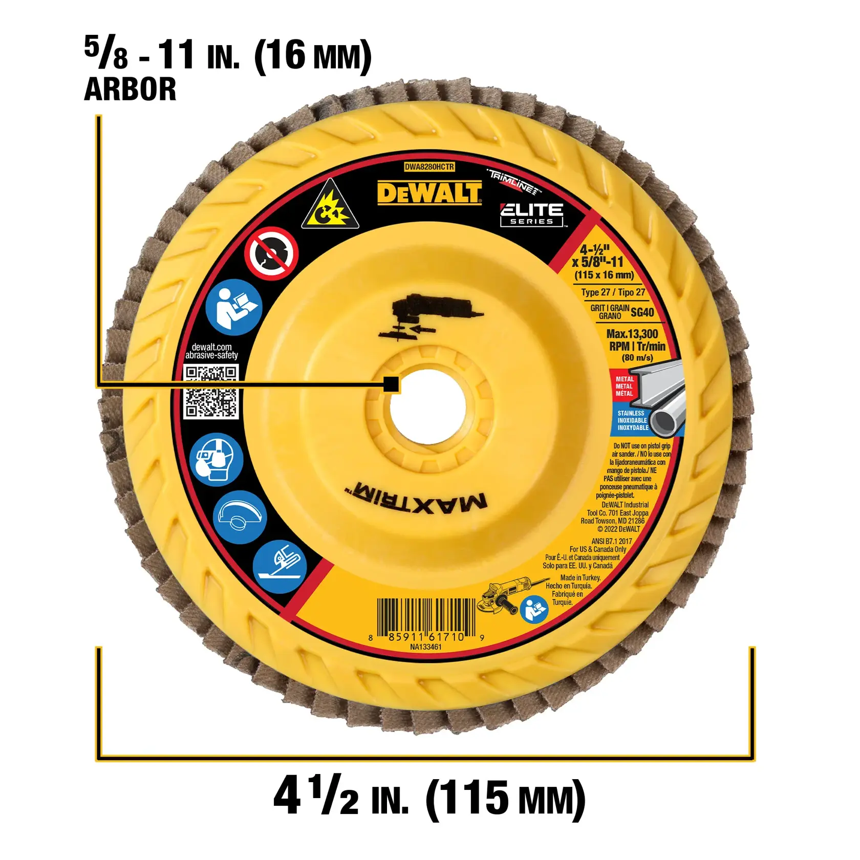 A DEWALT Elite Series abrasive flap disc with a yellow center and brown abrasive edge. It is marked with specifications including 4-1/2 inch (115 mm) diameter and 5/8-11 inch (16 mm) arbor. The disc is labeled for metal use and displays safety icons and instructions on the front.