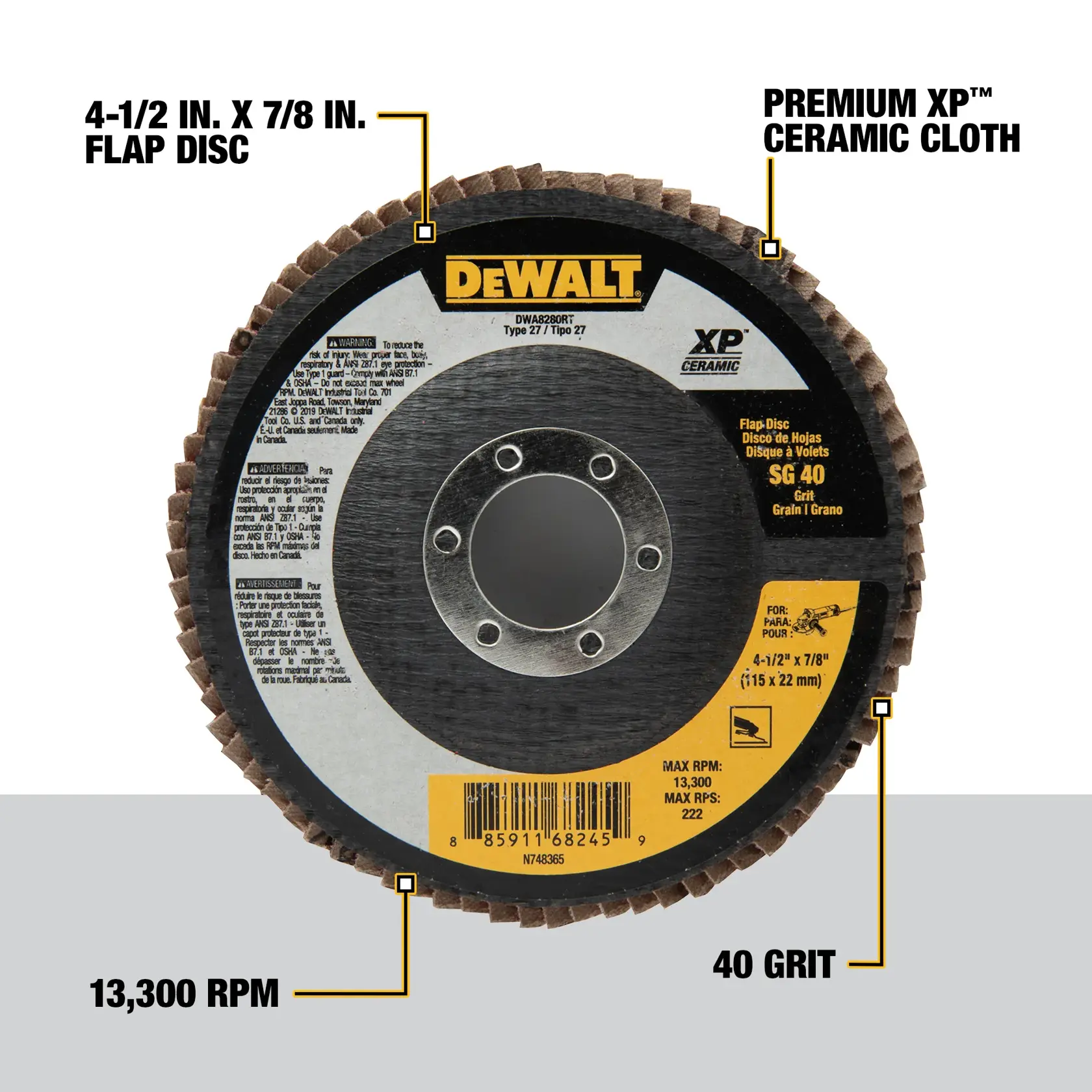 DEWALT flap disc, model DWA8280RT, with specifications labeled on the image: 4-1/2 inch by 7/8 inch size, premium XP ceramic cloth, 13,300 RPM maximum speed, and 40 grit.
