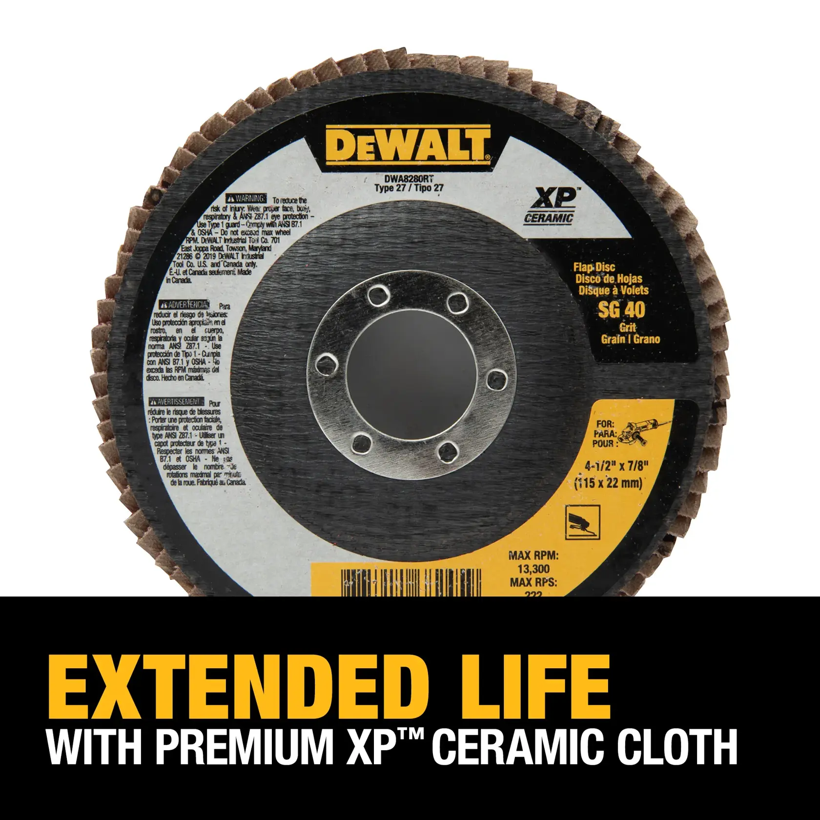DEWALT XP Ceramic flap disc, model DWA8280RT, SG 40 grit, shown with packaging text highlighting 'Extended Life with Premium XP Ceramic Cloth'.