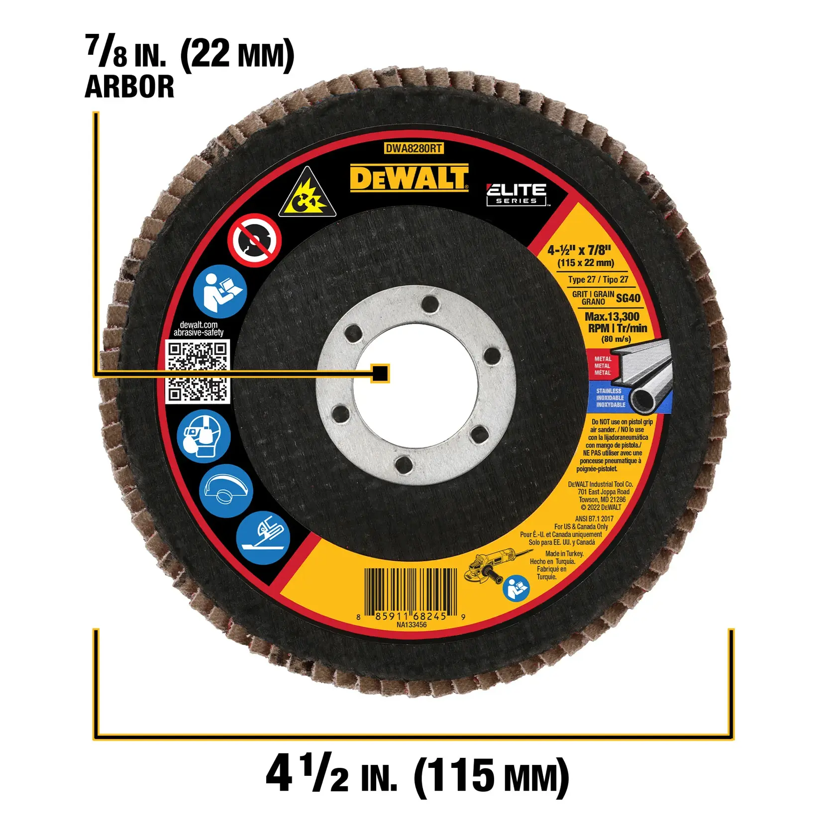 DEWALT Elite Series flap disc with a diameter of 4 1/2 inches (115 mm) and an arbor size of 7/8 inches (22 mm). The disc features safety icons, product specifications, barcode, and QR code, and is labeled SG40 grit, type 27, suitable for metal surfaces. Product code DWA8280RT.