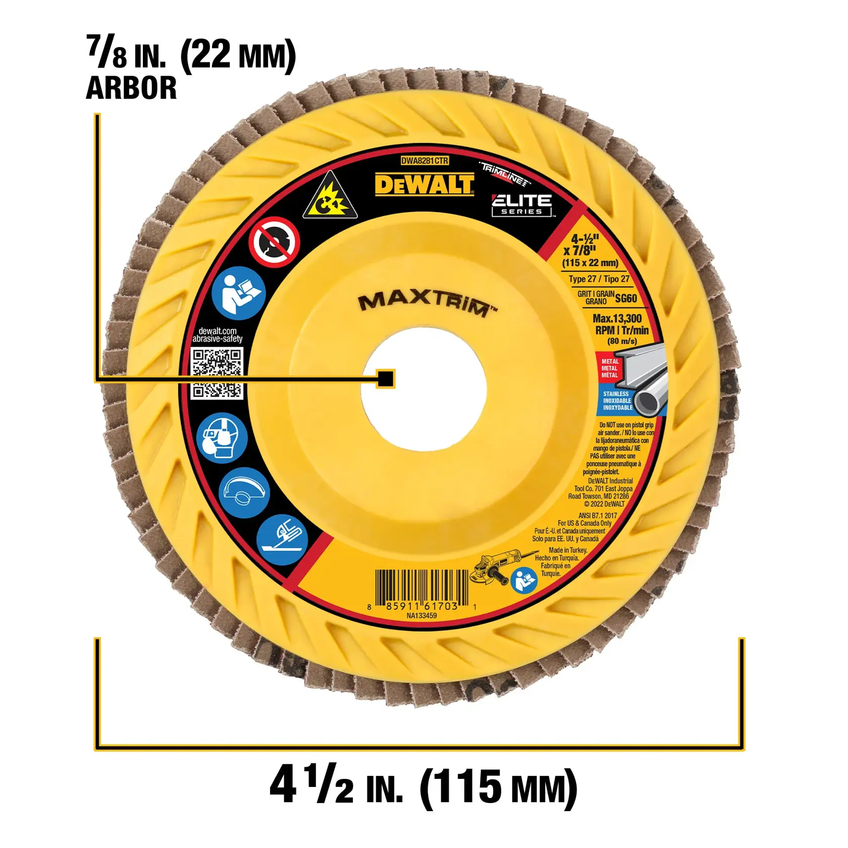 A close-up of a DEWALT Elite Series MAXTRIM flap disc with fiber backing. The disc is yellow and brown, labeled as Type 27, 4-1/2 in. (115 mm) diameter, and 7/8 in. (22 mm) arbor. The grit is SG60, suitable for metal and stainless steel grinding, maximum speed 13,300 RPM. Safety icons and product information are visible on the label.