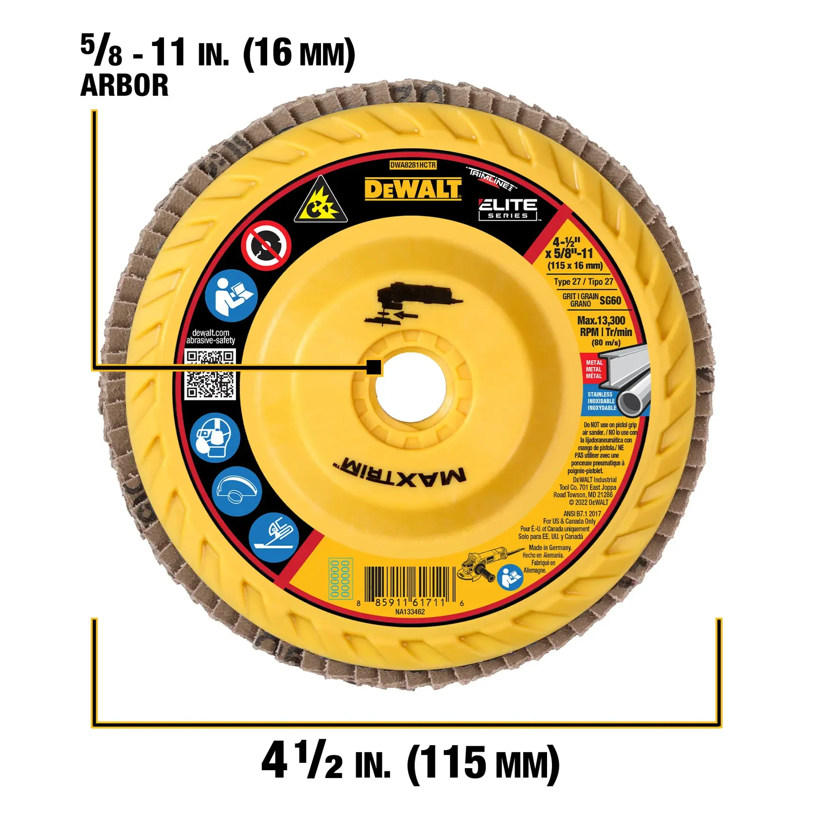 A DEWALT Elite Series flap disc for grinding, showing its yellow center, abrasive edge, and product specifications. The disc is labeled with a diameter of 4.5 inches (115 mm) and an arbor size of 5/8-11 inches (16 mm). The graphics include safety information, QR code, grit details, and RPM rating.