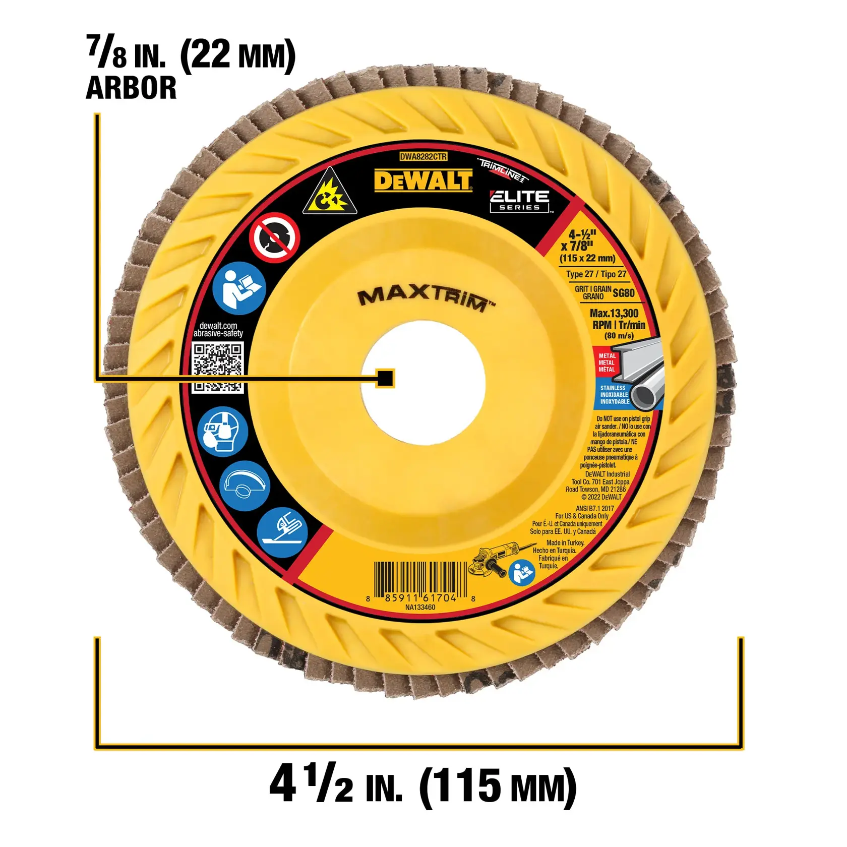 Image of a DEWALT Elite Series MaxTrim abrasive flap disc for grinders. The disc is labeled as 4-1/2 inch (115 mm) diameter and 7/8 inch (22 mm) arbor size. It features product specifications, safety icons, and a yellow and black design.