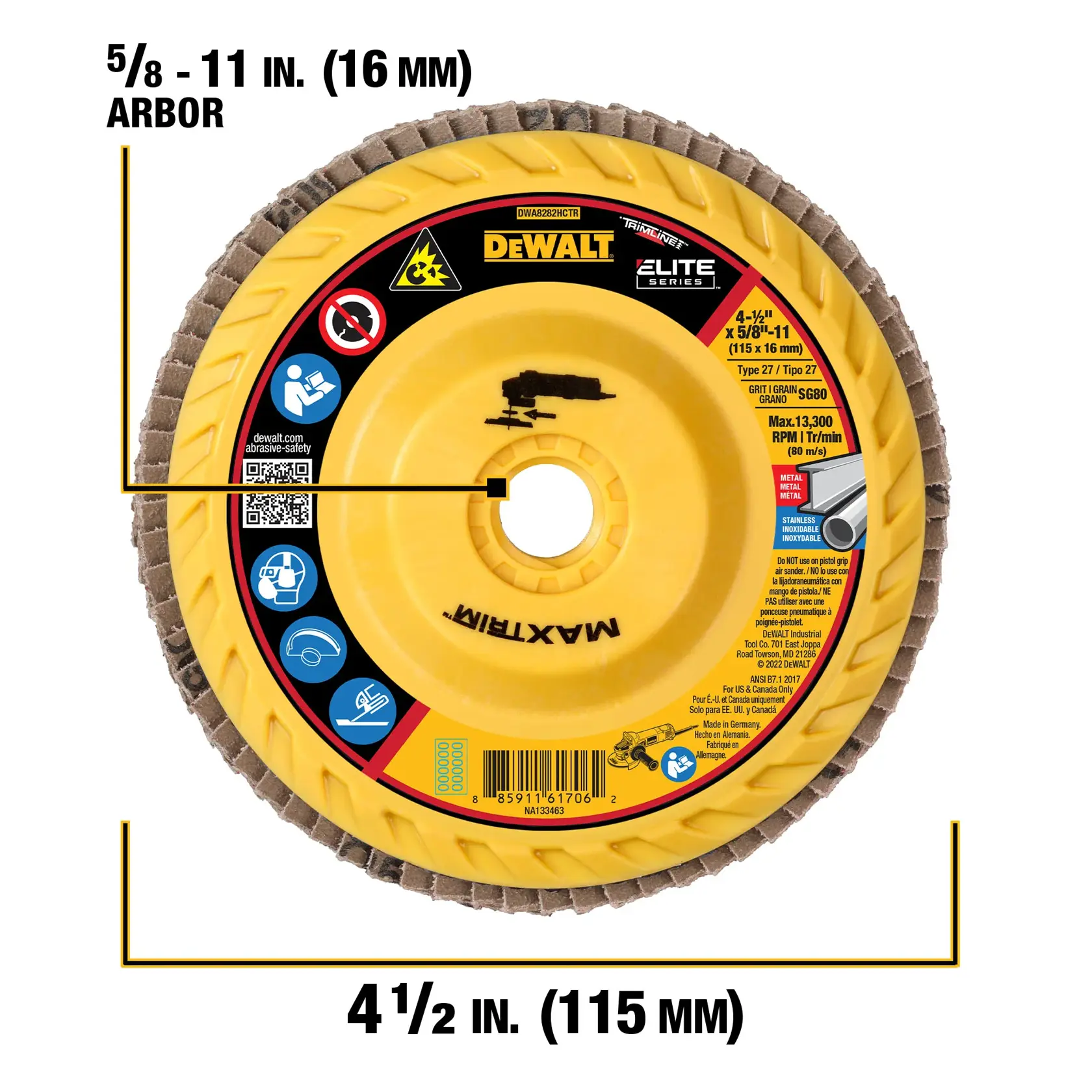 A DEWALT Elite Series flap disc for grinders, with a yellow and black design. The disc is labeled MAXXTRIM and shows specifications: 4-1/2 inches (115 mm) diameter and 5/8-11 inches (16 mm) arbor size. It is marked for use with metal and stainless steel, and includes safety and usage icons around the center.