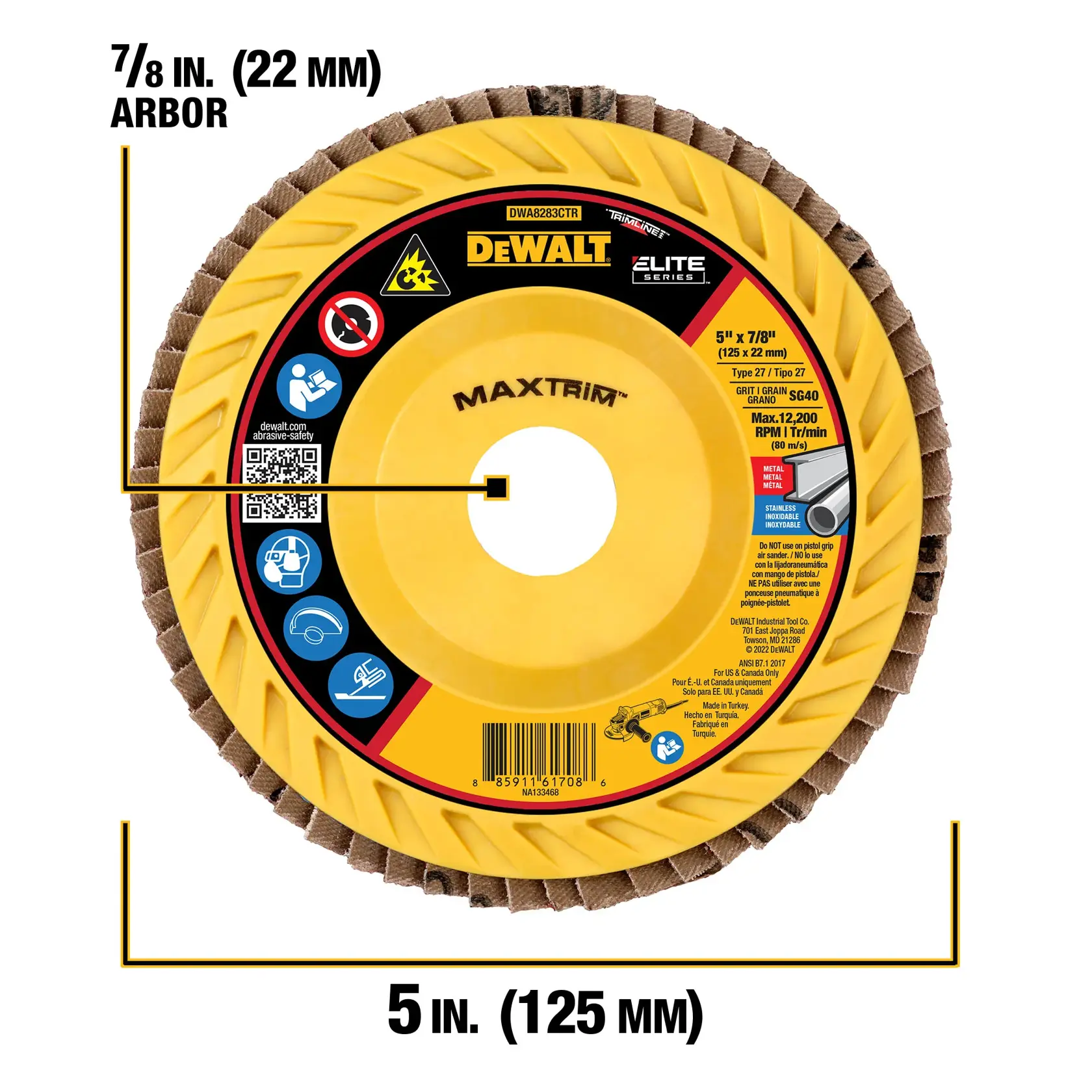A DEWALT Elite Series MaxTrim abrasive flap disc, 5 inch (125 mm) diameter with 7/8 inch (22 mm) arbor, grit 40, for metal and stainless steel grinding. The disc is yellow with labeled specifications and safety symbols.