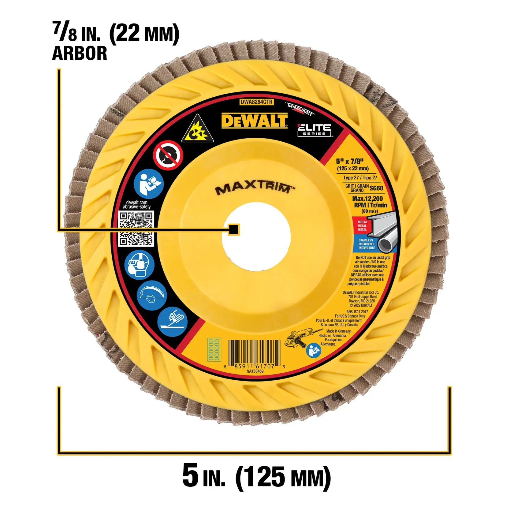 A DEWALT Elite Series Maxtrim flap disc with yellow and brown coloring, displaying specifications including 5-inch (125 mm) diameter and 7/8-inch (22 mm) arbor. Product information and safety icons are visible on the label.