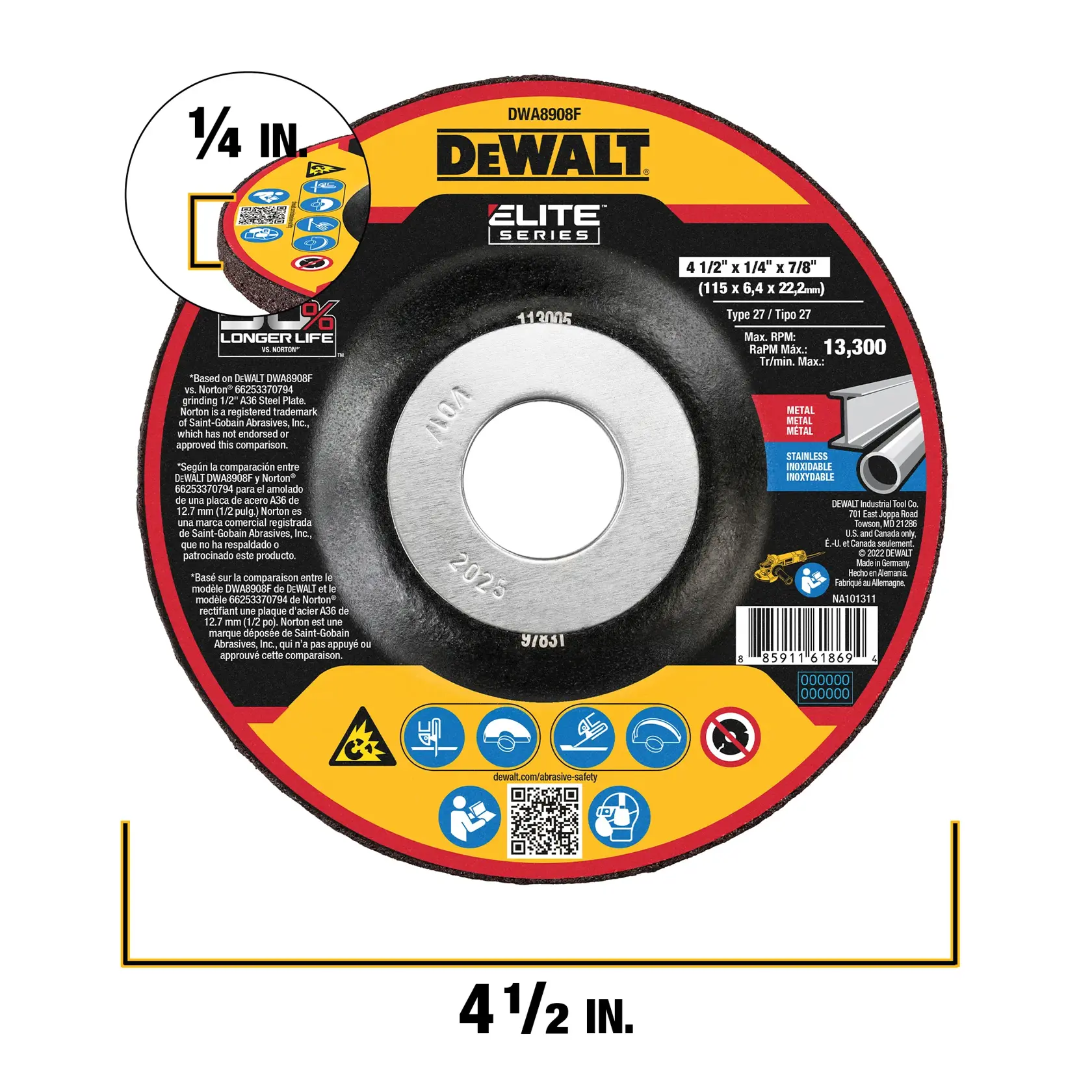 DEWALT Elite Series grinding wheel, SKU DWA8908F. The wheel is labeled for metal and stainless steel grinding, with a size of 4 1/2 inches by 1/4 inch by 7/8 inch. The product is round, mostly black, with yellow and red label details, and safety icons at the bottom. The label indicates a maximum RPM of 13,300 and compatibility with type 27 tools.