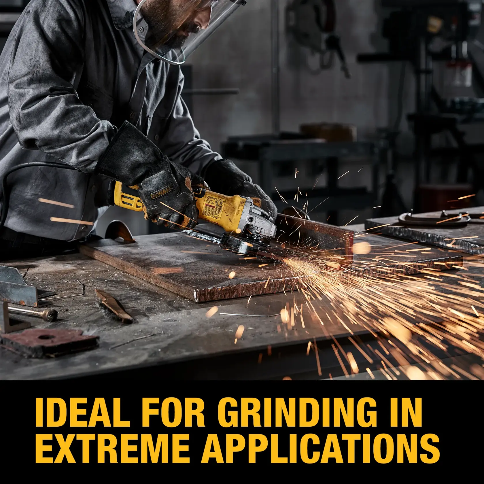 A person wearing protective gear uses a DEWALT angle grinder on a metal surface, producing sparks. The image promotes the tool as ideal for grinding in extreme applications.