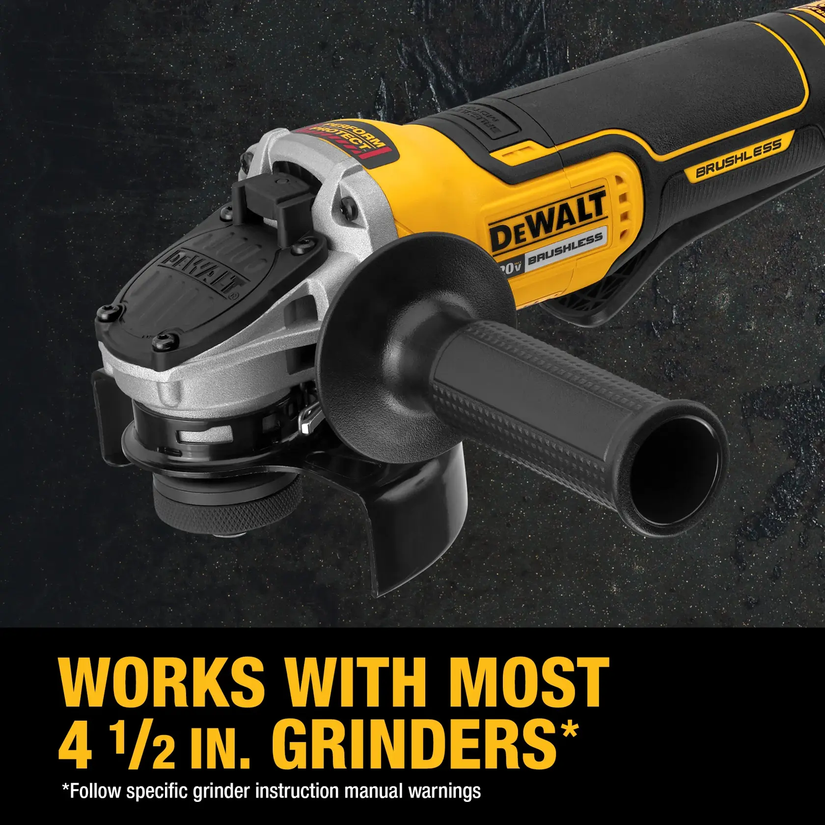 A close-up view of a DEWALT 20V brushless angle grinder with a side handle, shown against a dark background. Text below states that it works with most 4 1/2 inch grinders and advises to follow specific grinder instruction manual warnings.