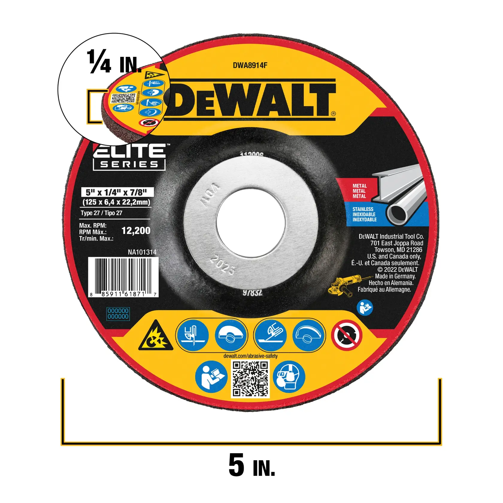 DEWALT Elite Series abrasive grinding wheel, model DWA8914F, 5 inch diameter and 1/4 inch thickness, type 27. The wheel is suitable for metal and stainless steel, with a maximum RPM of 12,200. Safety and product information are displayed on the wheel.