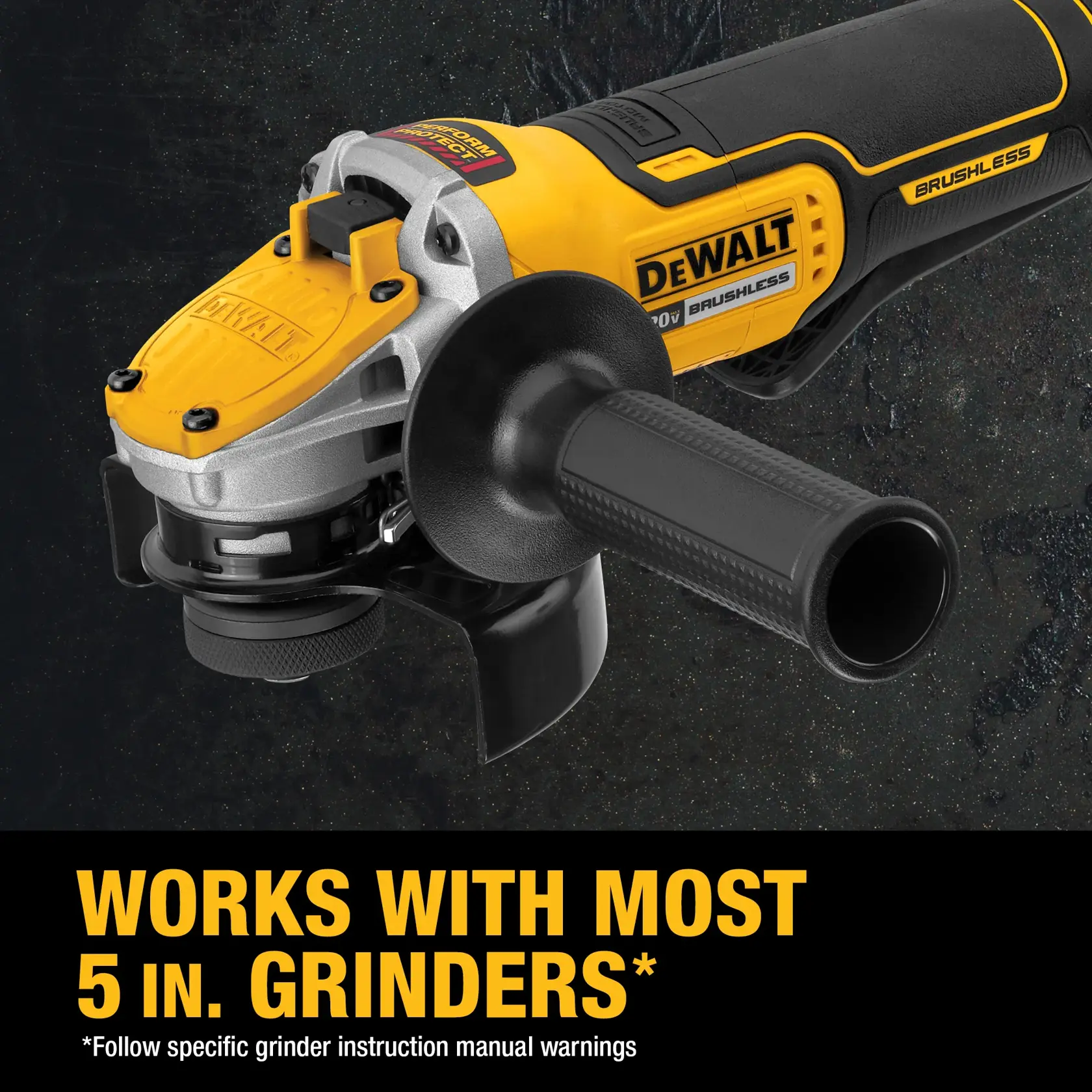 Close-up image of a DEWALT brushless 5 inch grinder with a black handle, yellow body, and text that says 'Works with most 5 in. grinders. Follow specific grinder instruction manual warnings.'