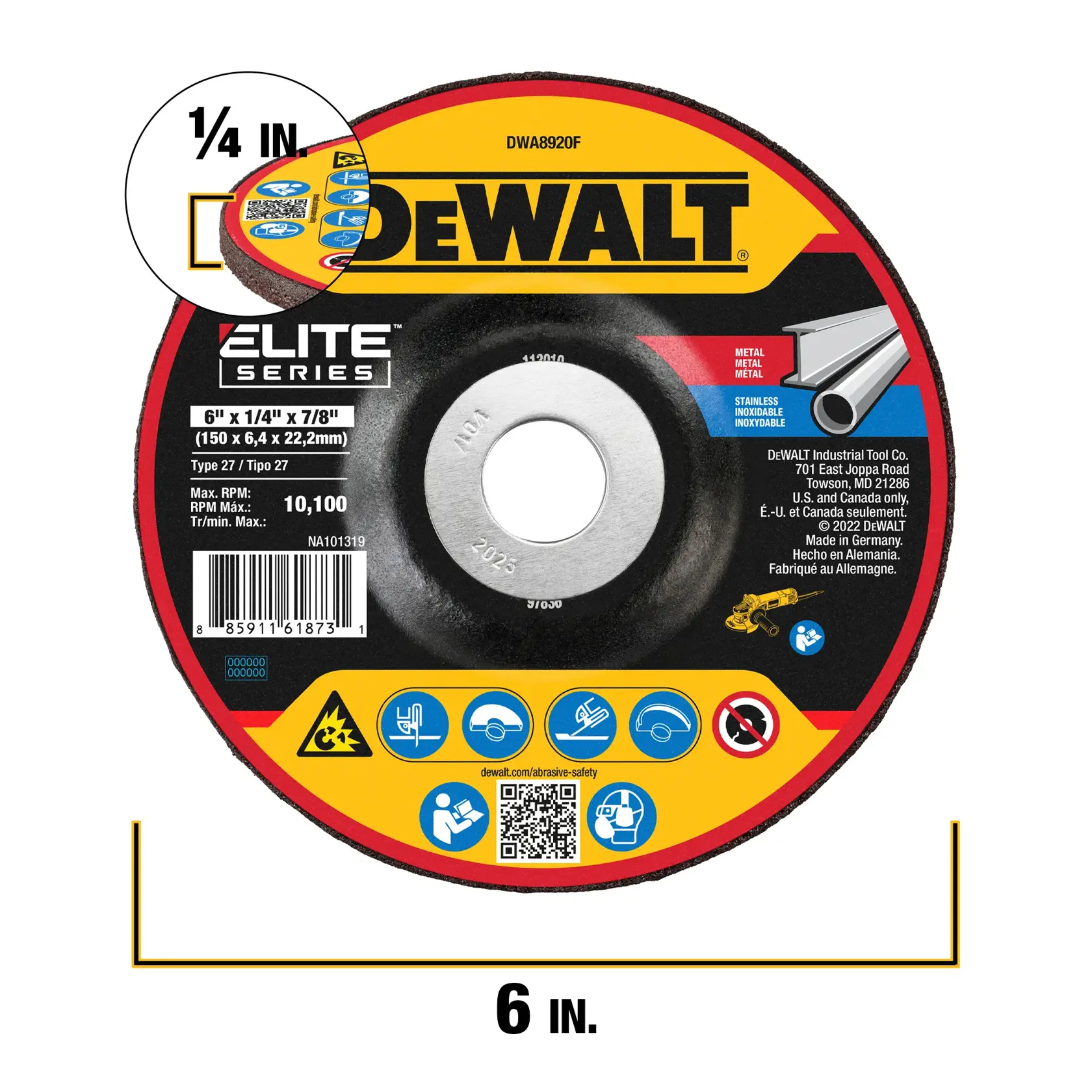 DEWALT Elite Series grinding wheel, 6 inch diameter, 1/4 inch thickness, 7/8 inch arbor. Designed for metal and stainless steel. Product code DWA8920F. Maximum RPM: 10,100. Includes safety icons and a QR code for abrasive safety information.