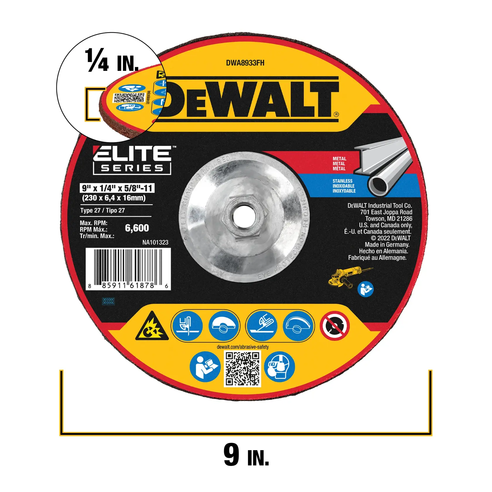 DEWALT Elite Series grinding wheel, 9 inch diameter, 1/4 inch thick, 5/8 inch arbor, for metal and stainless steel, Type 27, maximum 6,600 RPM, shown in close-up with product details and usage icons.