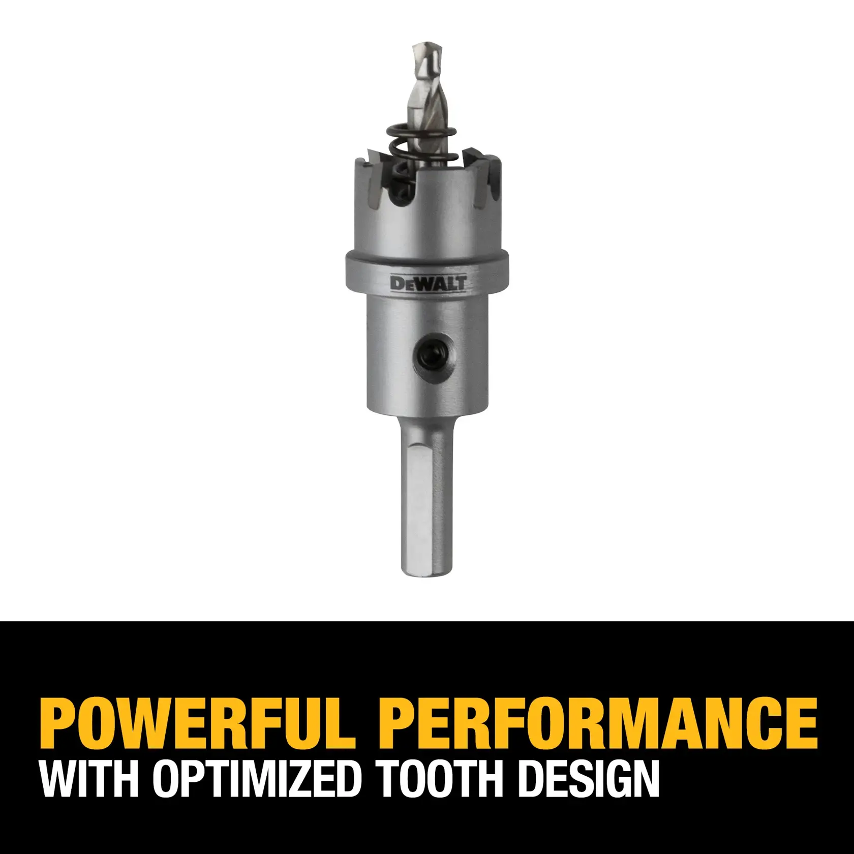 DEWALT hole saw drill bit positioned above a black and yellow graphic banner that reads 'Powerful performance with optimized tooth design'.