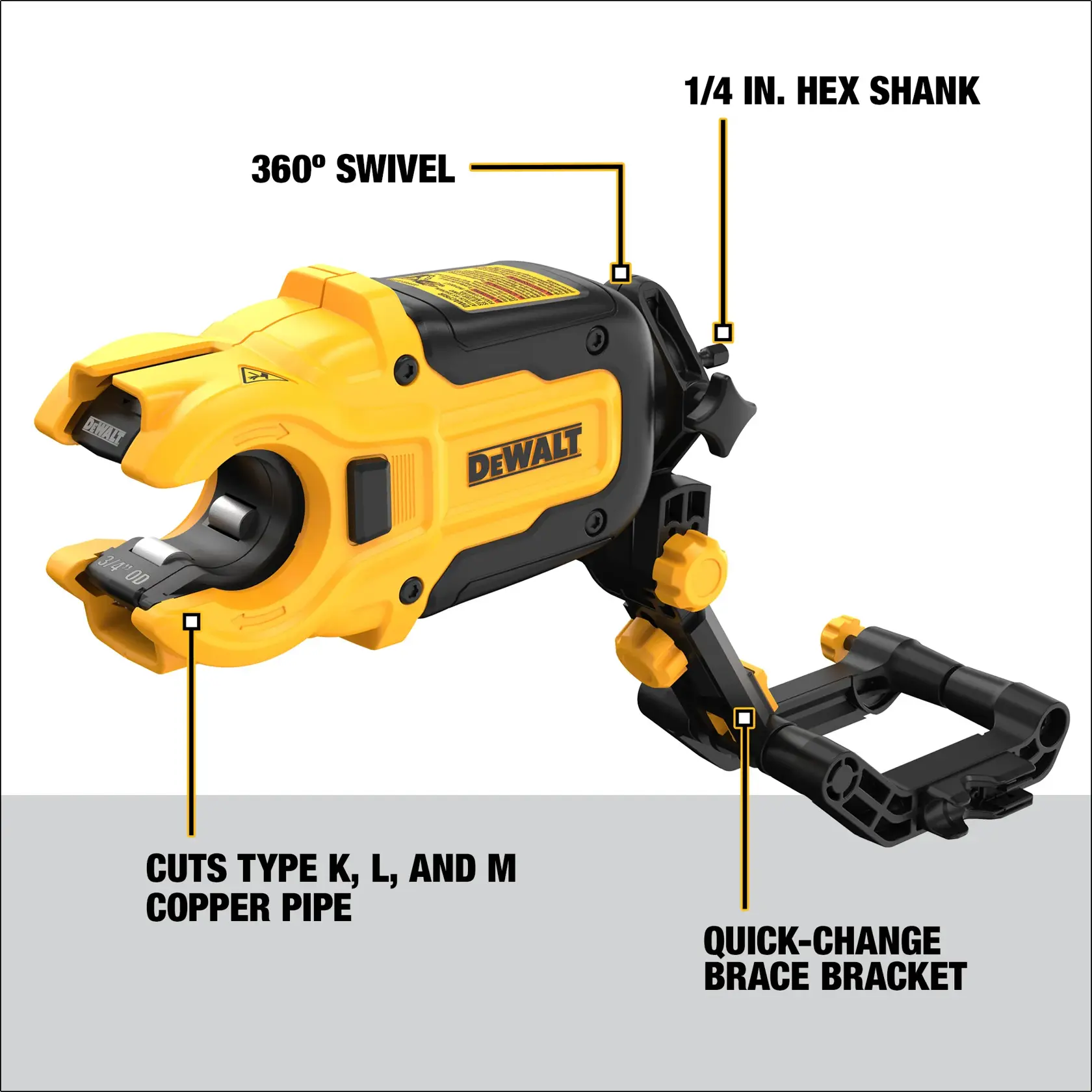 DEWALT DWACPRIR copper pipe cutter with yellow and black design, featuring a 360-degree swivel, 1/4 inch hex shank, quick-change brace bracket, and capability to cut type K, L, and M copper pipes.
