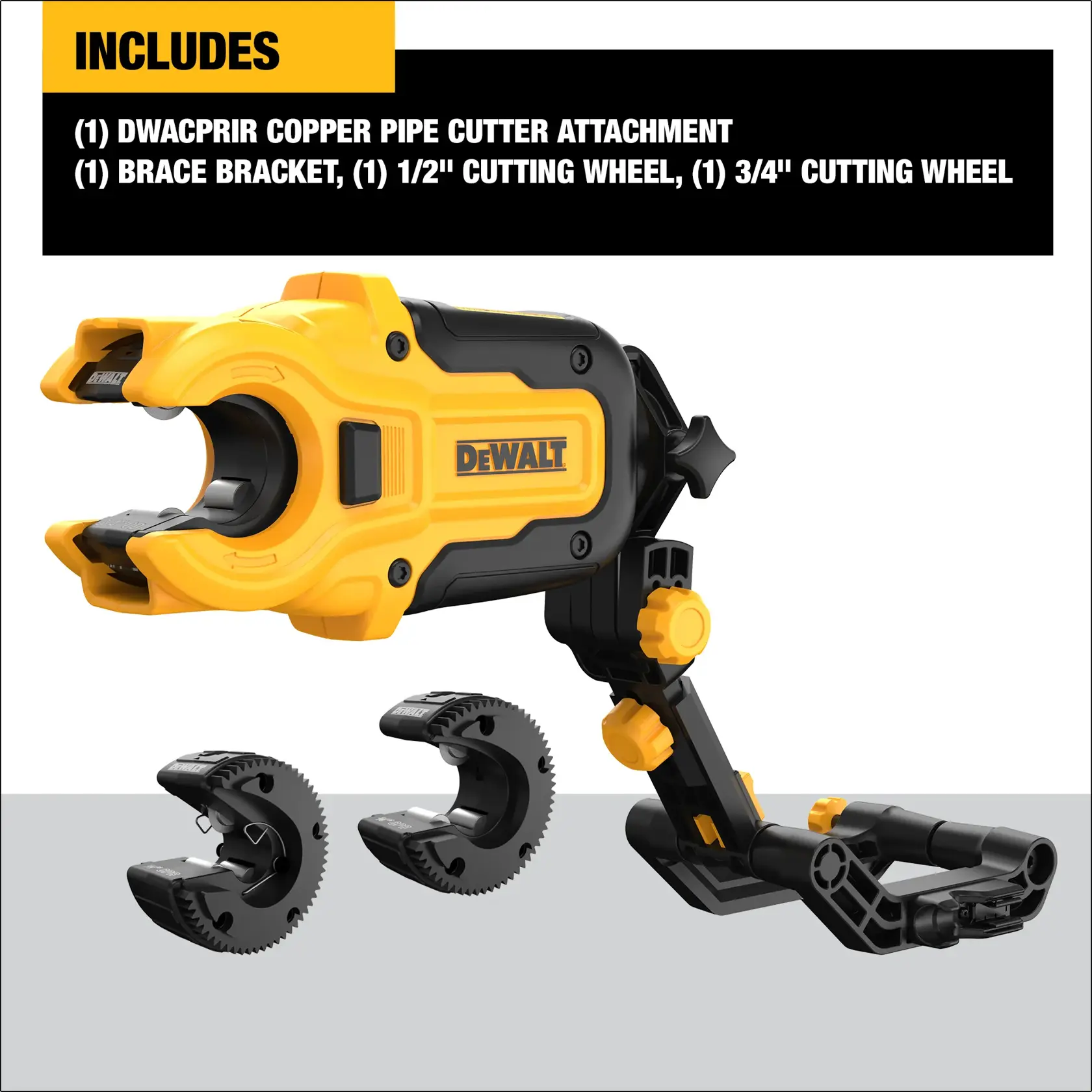 DEWALT DWACPRIR copper pipe cutter attachment set, including a yellow and black pipe cutter attachment, brace bracket, 1/2-inch cutting wheel, and 3/4-inch cutting wheel, shown on a gray surface.
