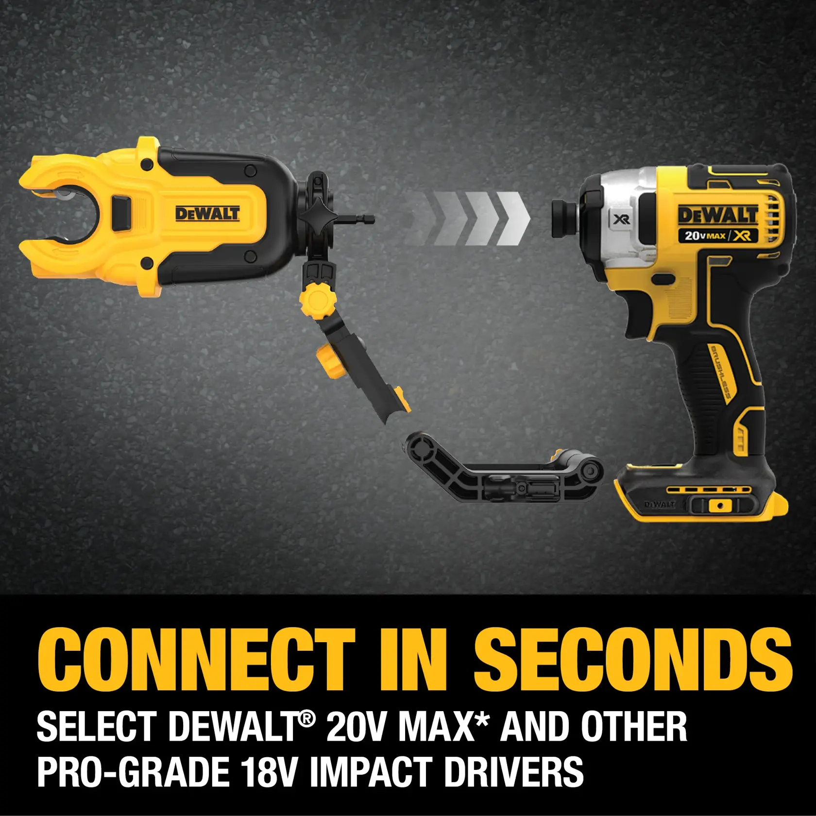 Image showing a DEWALT 20V MAX XR impact driver and a DEWALT tool attachment, illustrating how the attachment connects quickly to the impact driver. The text highlights fast connection for select DEWALT 20V MAX and other pro-grade 18V impact drivers.