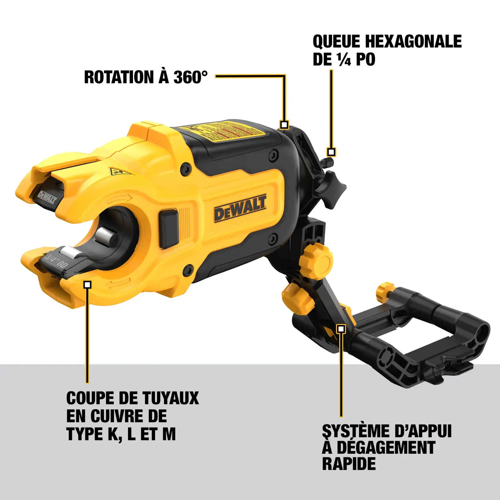 DEWALT DWACPRIR copper pipe cutter with yellow and black design, featuring a 360-degree swivel, 1/4 inch hex shank, quick-change brace bracket, and capability to cut type K, L, and M copper pipes.