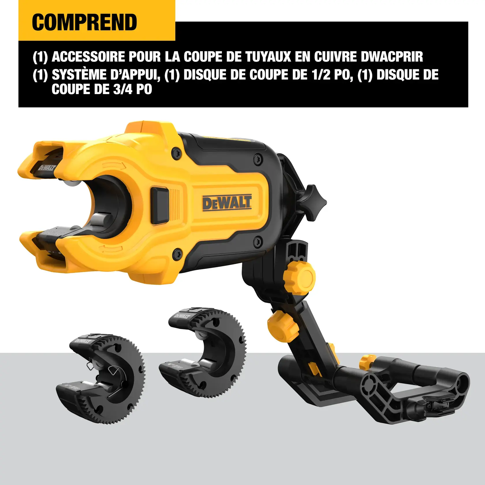 DEWALT DWACPRIR copper pipe cutter attachment set, including a yellow and black pipe cutter attachment, brace bracket, 1/2-inch cutting wheel, and 3/4-inch cutting wheel, shown on a gray surface.