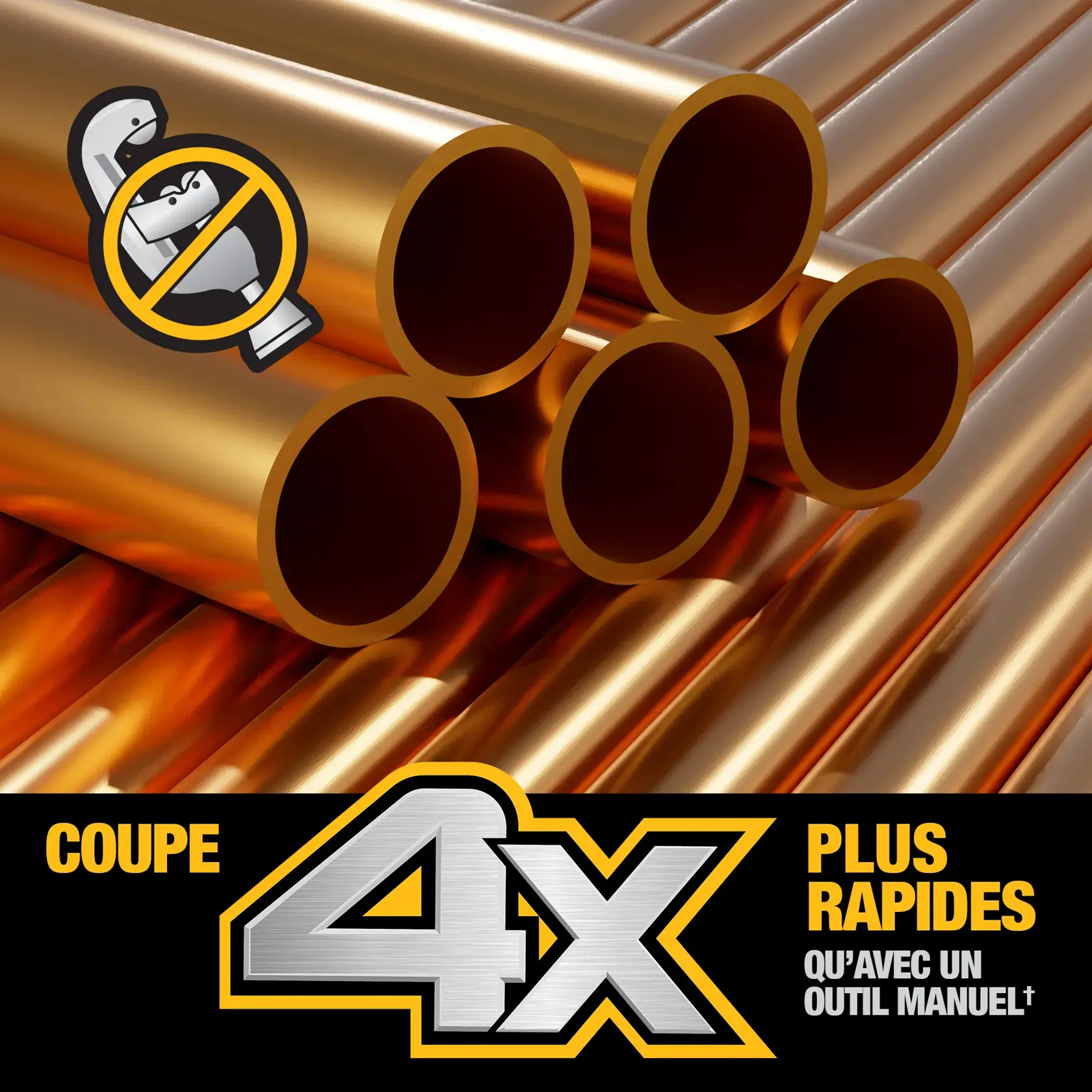 Image showing multiple copper pipes with a symbol indicating no hand tool is needed. Text at the bottom highlights '4X faster cuts than using a hand tool.'