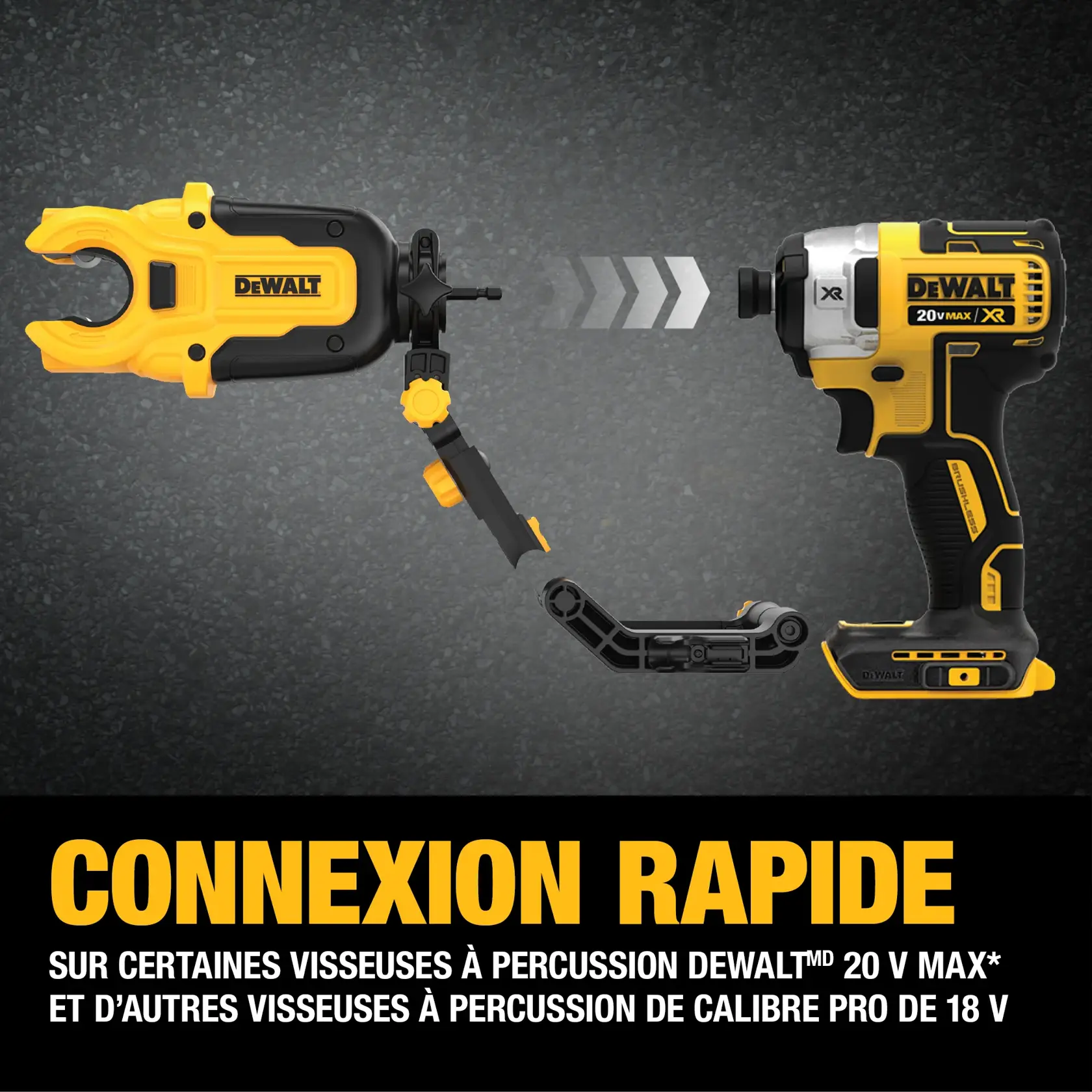 Image showing a DEWALT 20V MAX XR impact driver and a DEWALT tool attachment, illustrating how the attachment connects quickly to the impact driver. The text highlights fast connection for select DEWALT 20V MAX and other pro-grade 18V impact drivers.