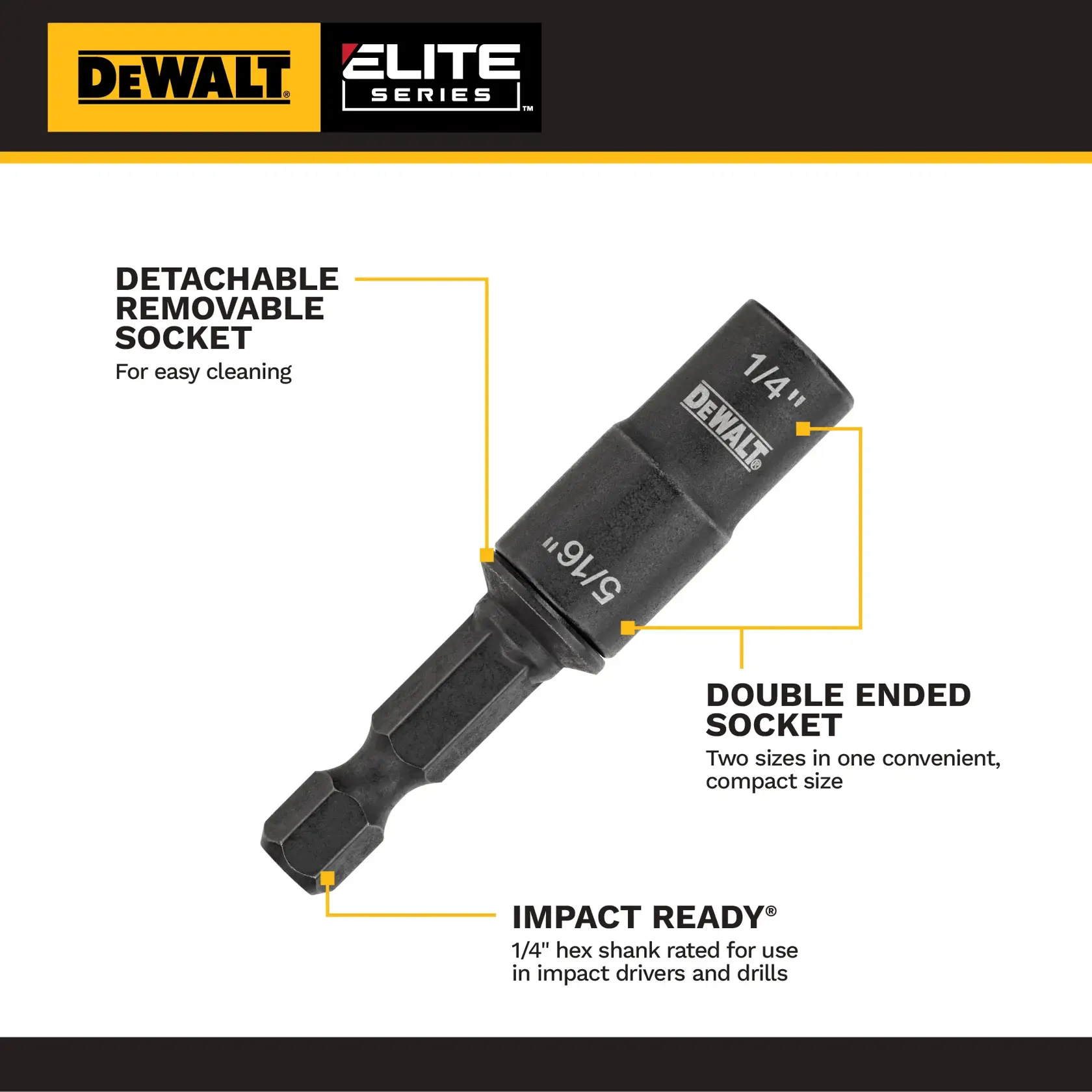DEWALT Elite Series double-ended impact socket with detachable, removable socket for easy cleaning. The socket features two sizes (1/4 inch and 5/16 inch) in a compact design and has a 1/4 inch hex shank rated for impact drivers and drills.
