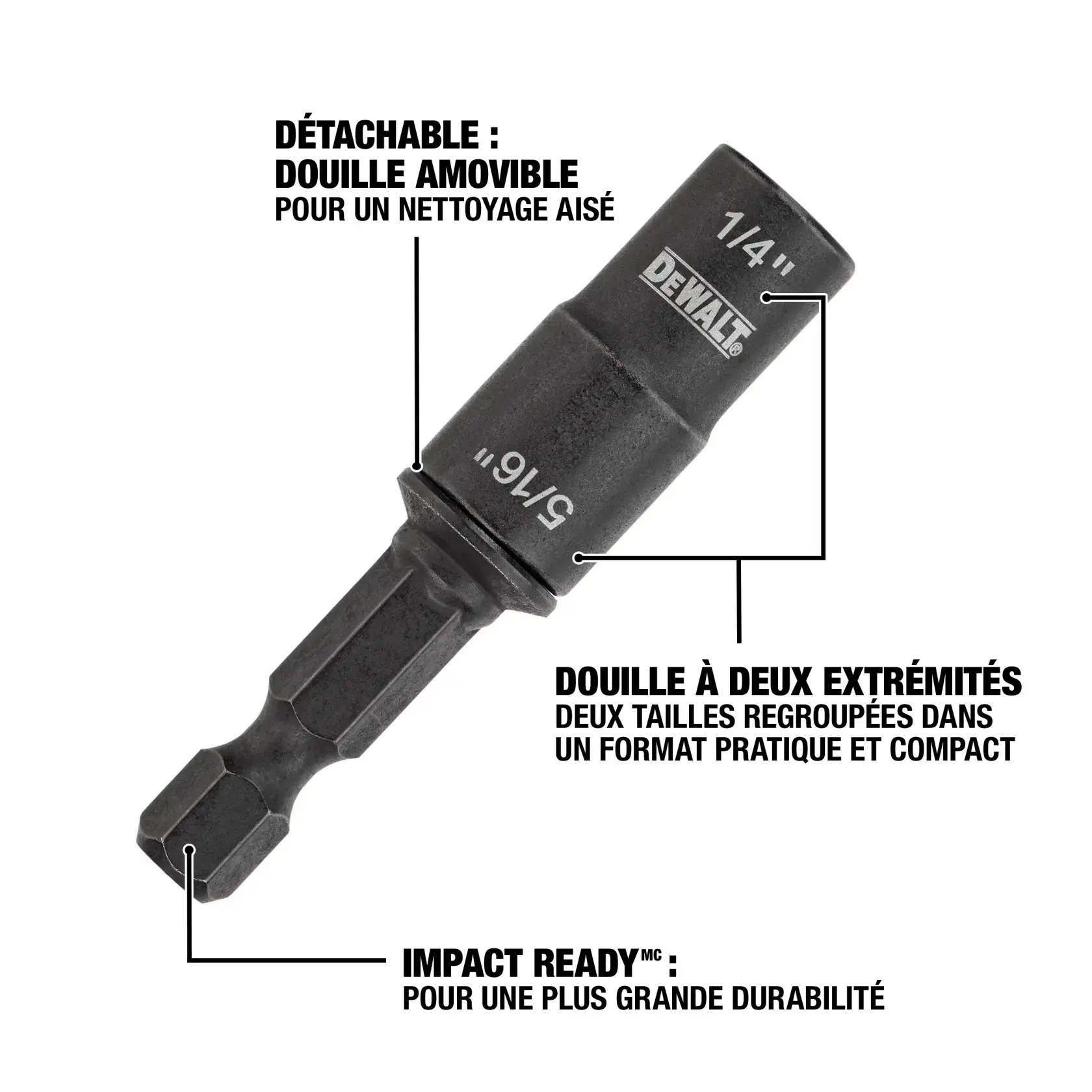 DEWALT Elite Series double-ended impact socket with detachable, removable socket for easy cleaning. The socket features two sizes (1/4 inch and 5/16 inch) in a compact design and has a 1/4 inch hex shank rated for impact drivers and drills.
