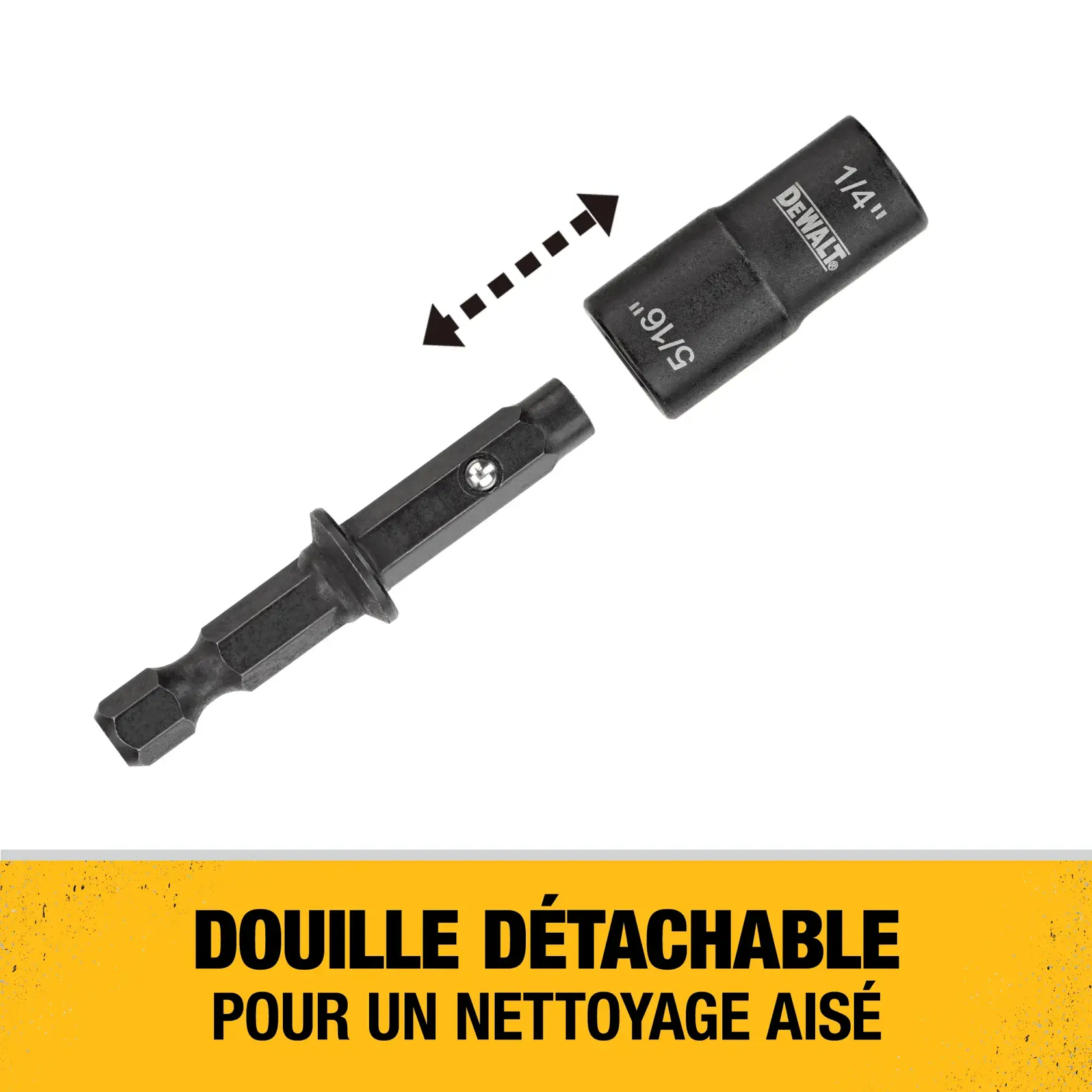 A DEWALT double ended nut driver with two size options (1/4 inch and 5/16 inch) shown on a dark background. The image highlights the interchangeable ends with yellow arrows and includes the text: 'Double Ended Nut Driver Two Sizes In One.'