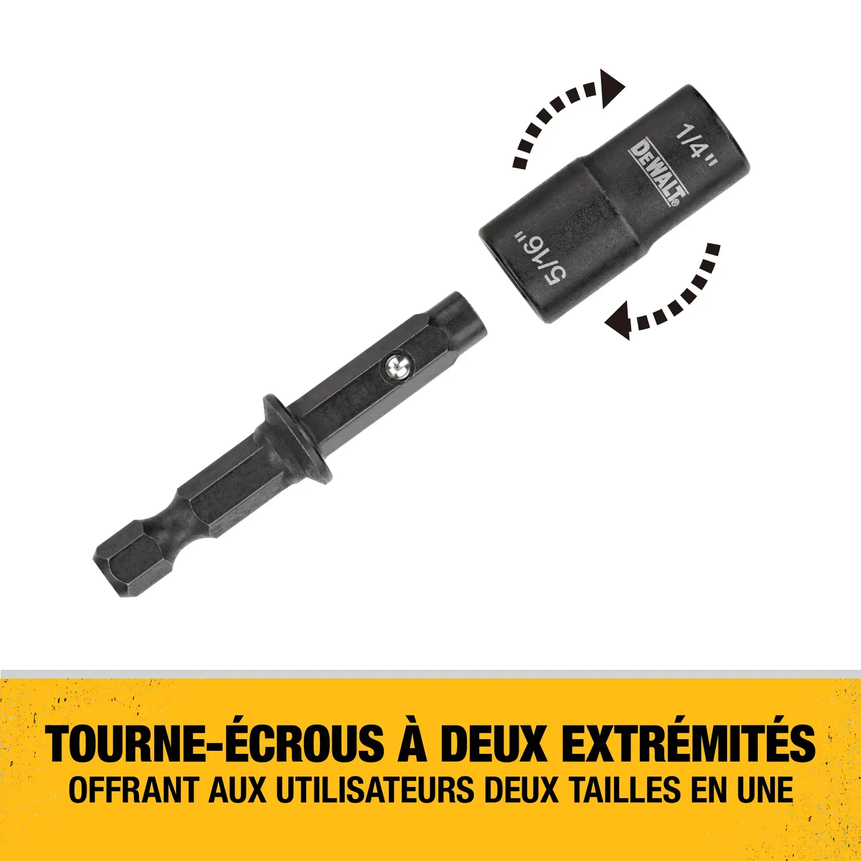 A DEWALT black hex shank nut driver bit with 1/4 inch and 5/16 inch markings, designed for use with power tools.