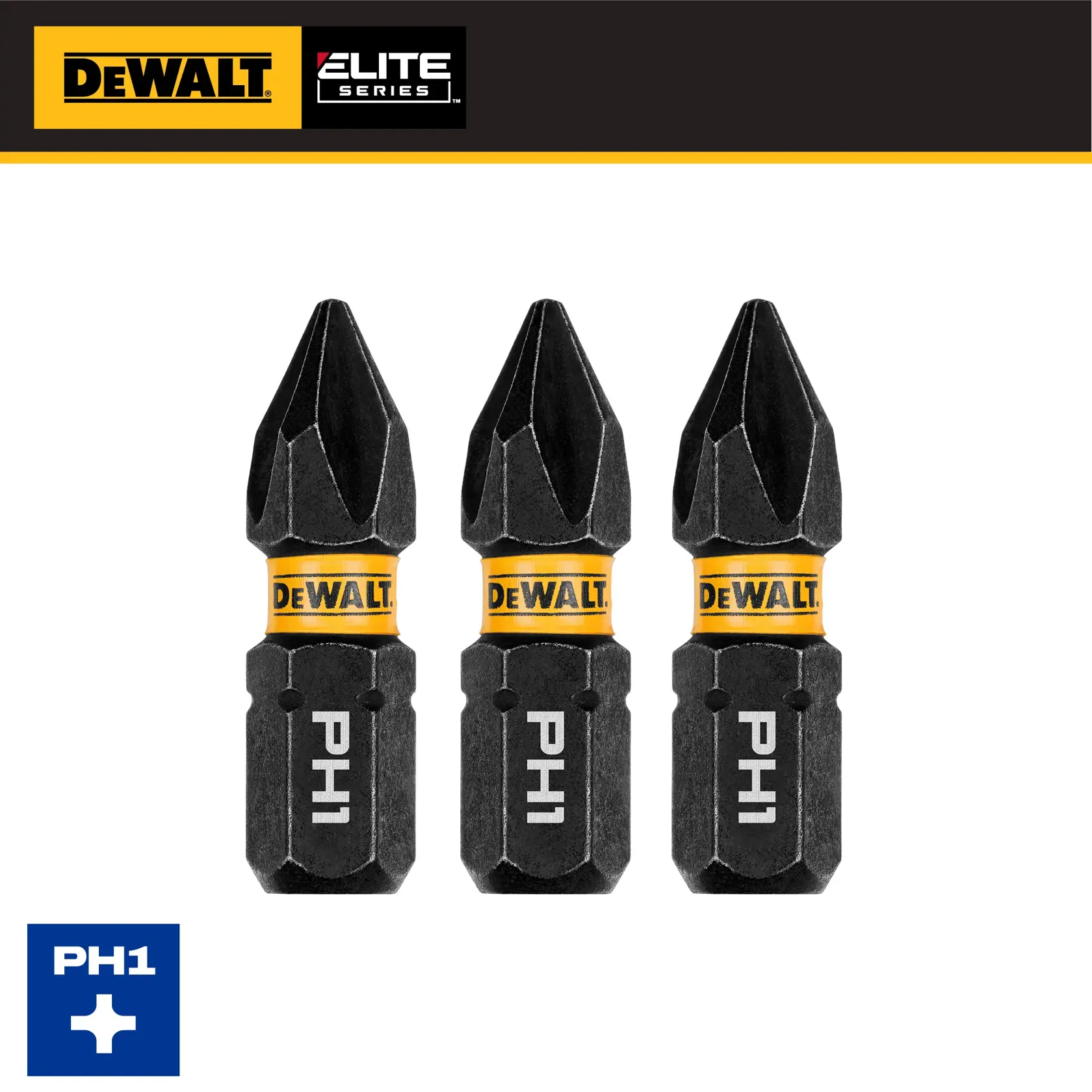 DEWALT Elite Series PH1 screwdriver bits, set of three, black with yellow ring, displayed on white background.